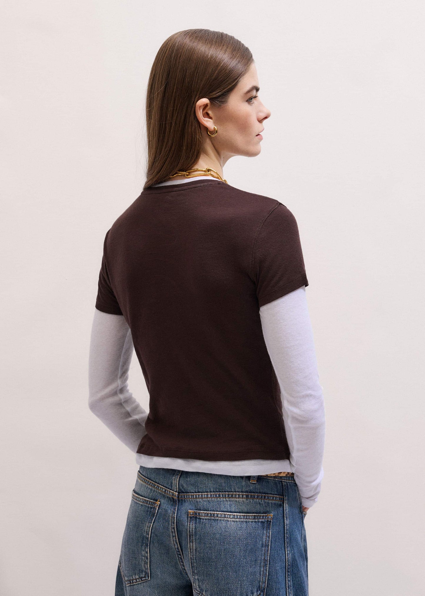 ME and EM Clothing Brown Sheer Double-Layer Look Top