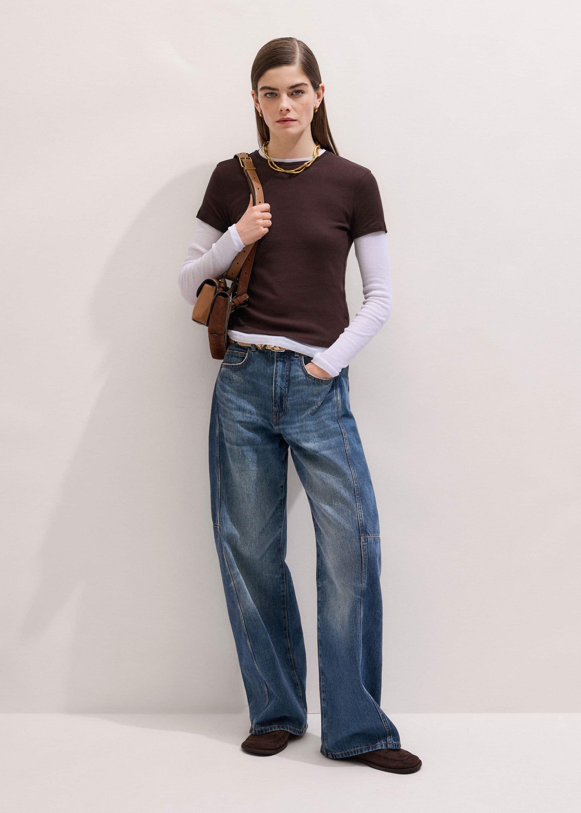 ME and EM Clothing Brown Sheer Double-Layer Look Top