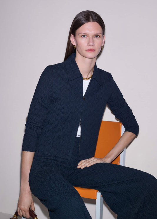 ME and EM Clothing Navy Curling Crosses Jacquard Textured Zip Top