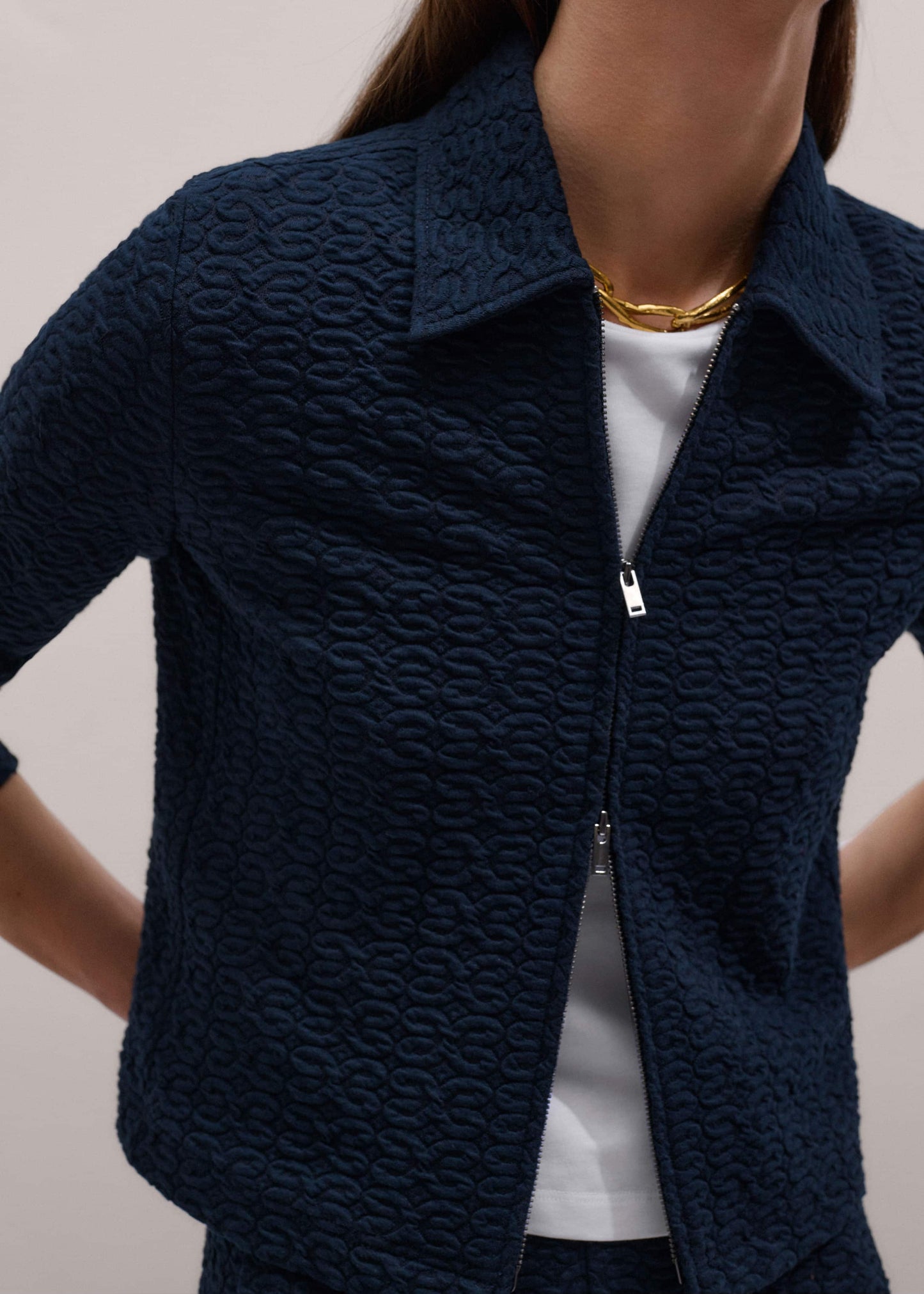 ME and EM Clothing Navy Curling Crosses Jacquard Textured Zip Top