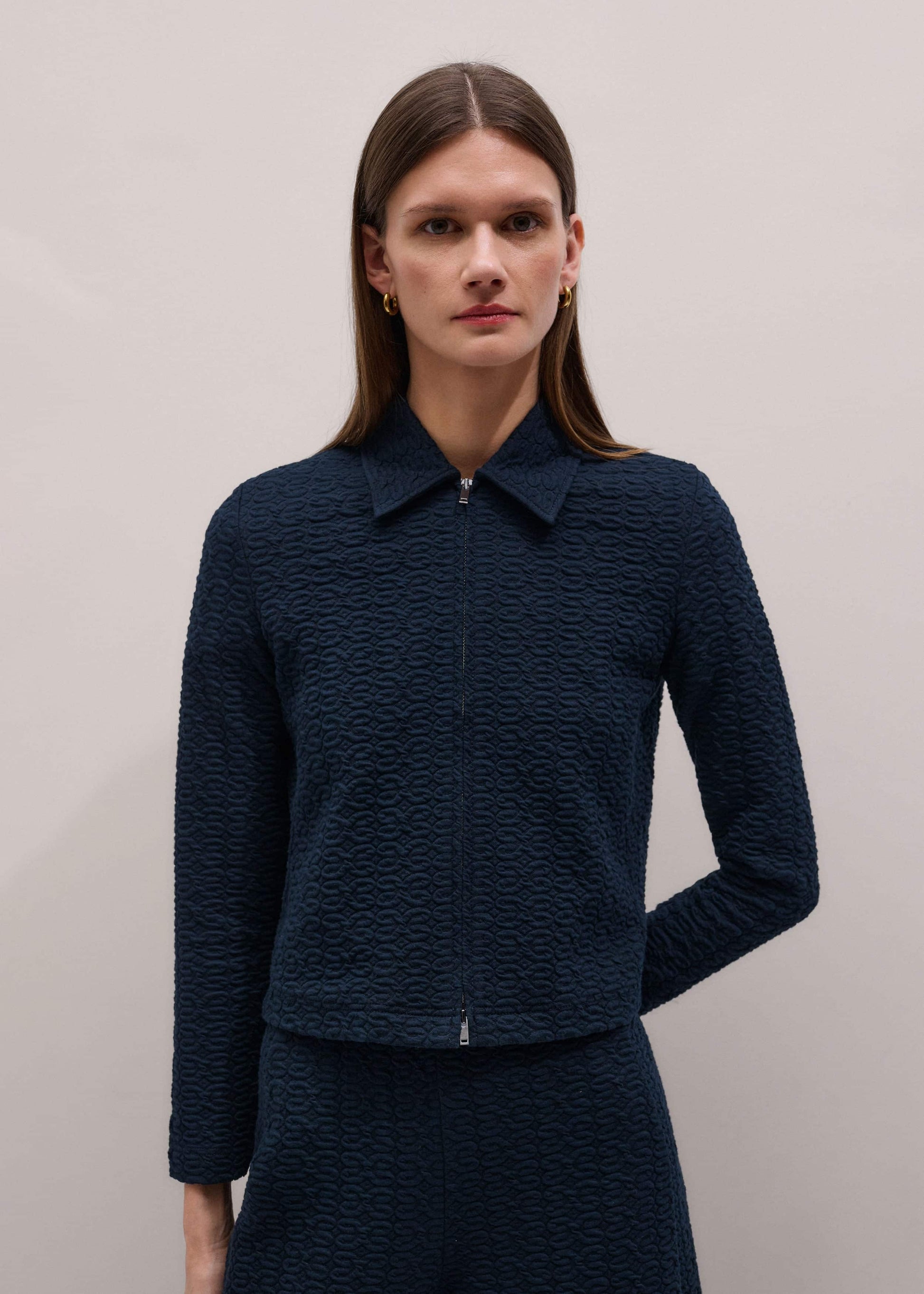 ME and EM Clothing Navy Curling Crosses Jacquard Textured Zip Top