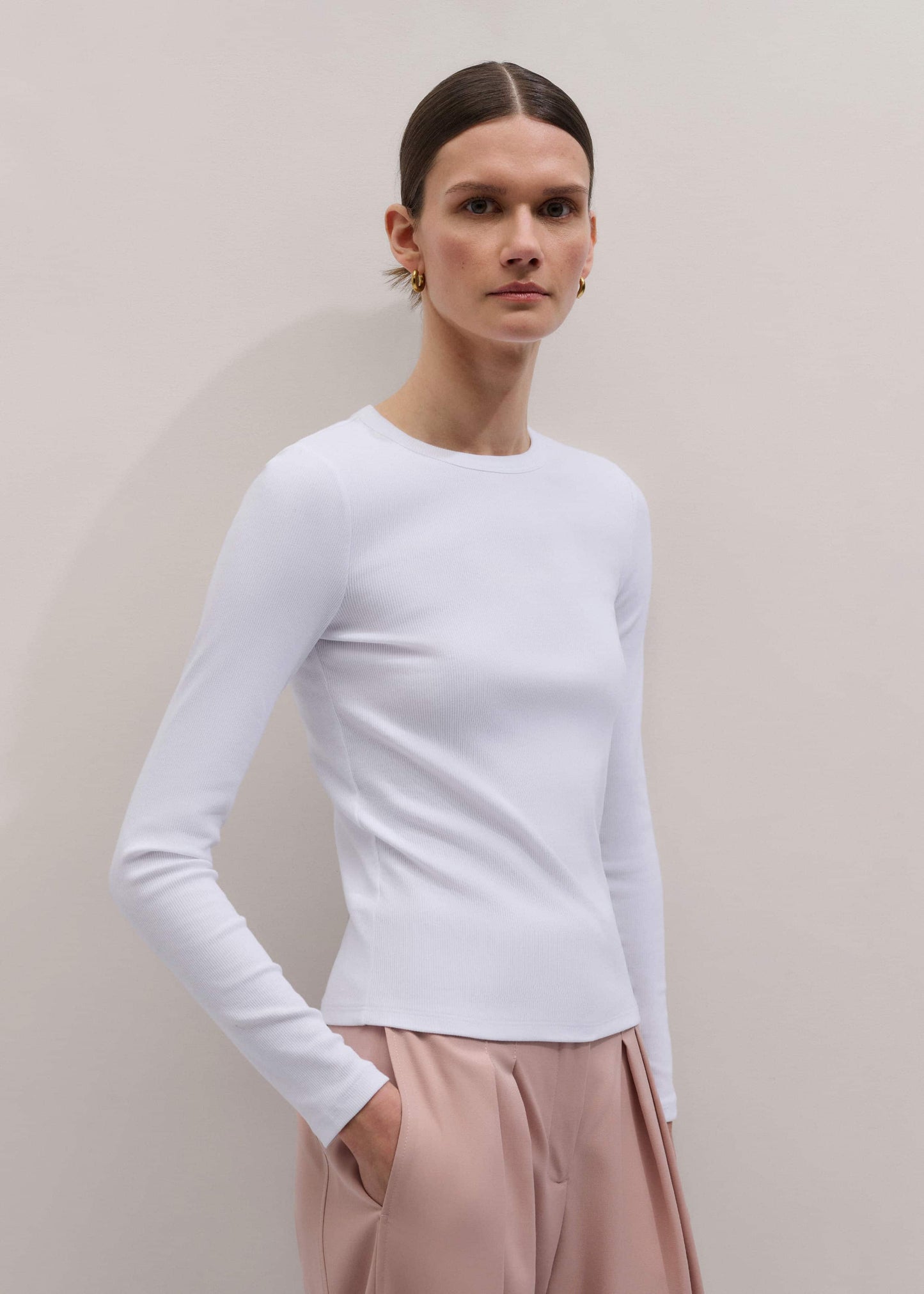ME and EM Clothing White Cotton Rib Long Sleeve Top