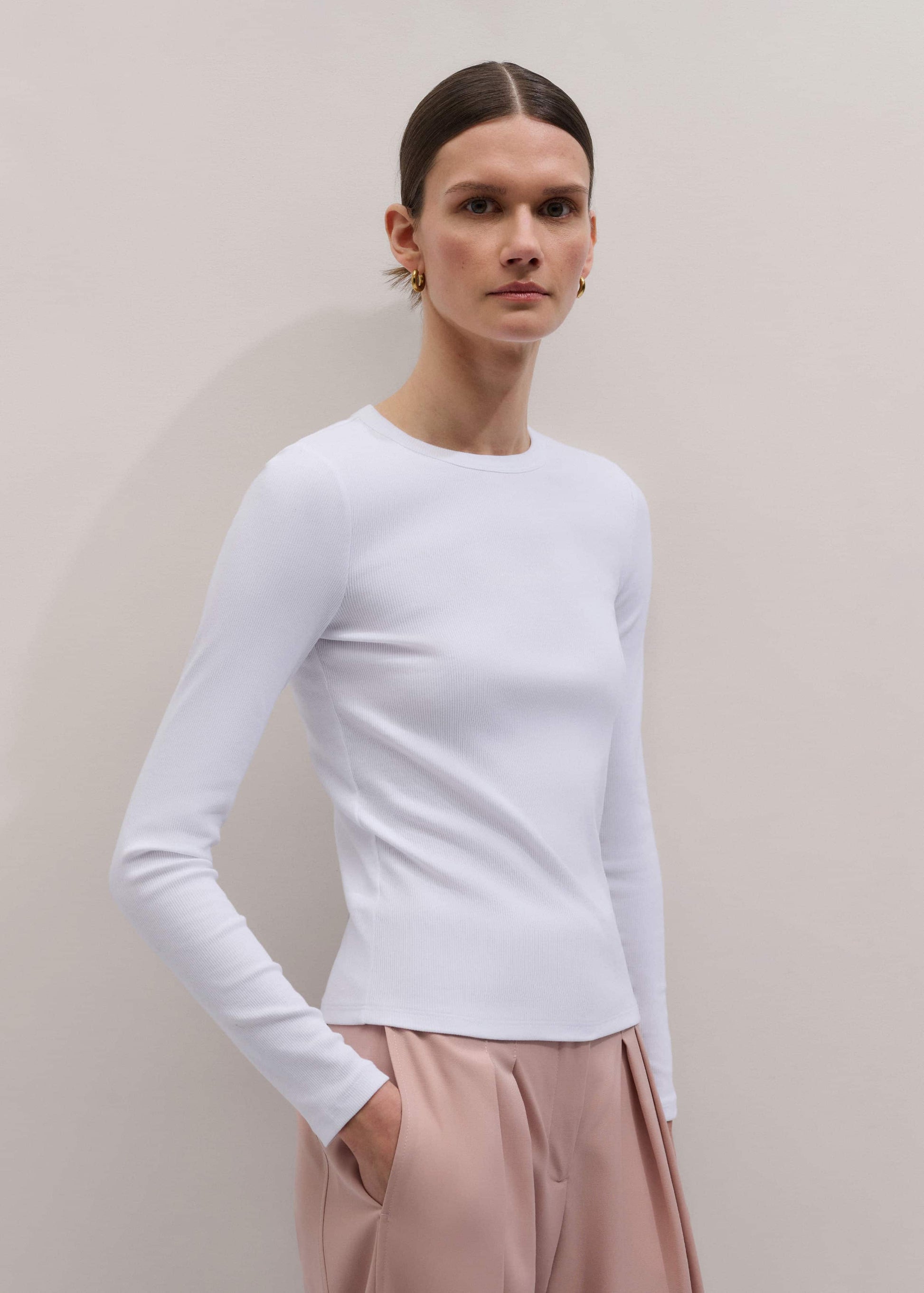 ME and EM Clothing White Cotton Rib Long Sleeve Top