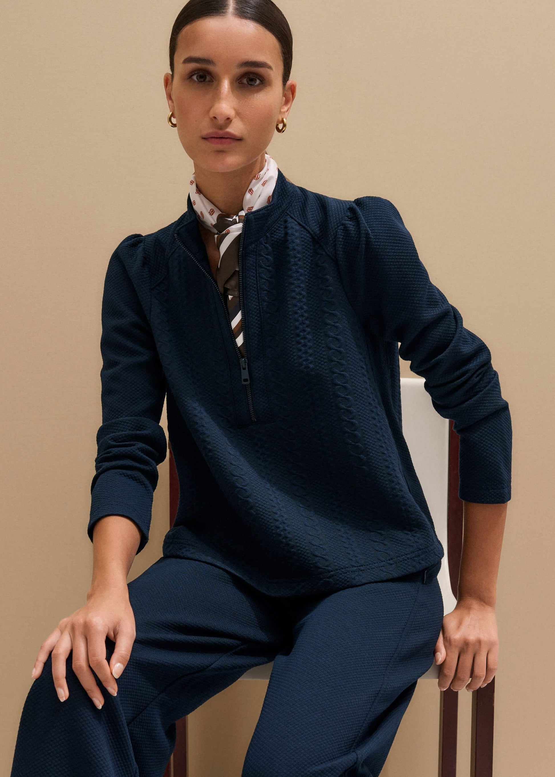ME and EM Clothing Navy Cable Jacquard Half-Zip Top