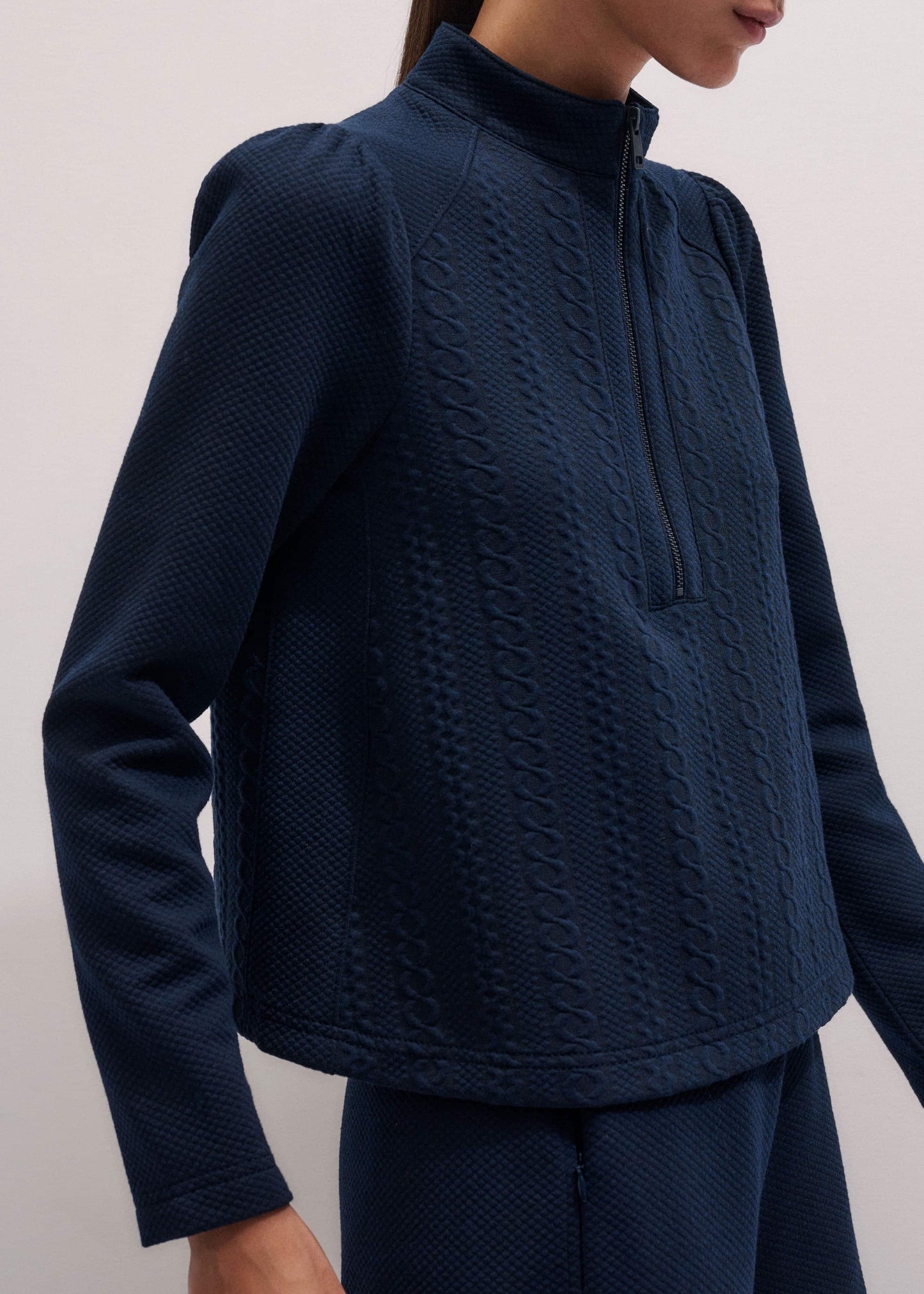 ME and EM Clothing Navy Cable Jacquard Half-Zip Top