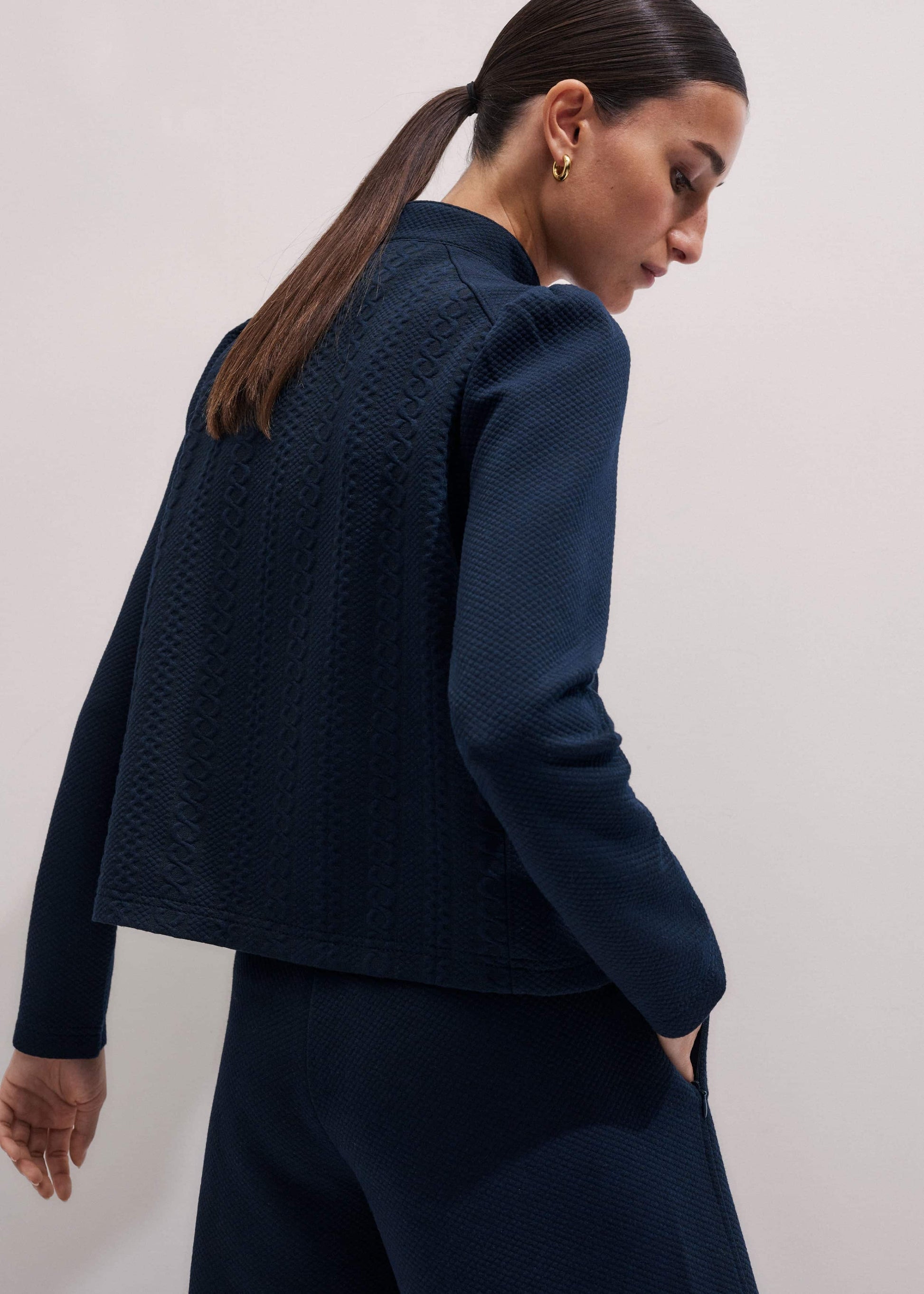 ME and EM Clothing Navy Cable Jacquard Half-Zip Top