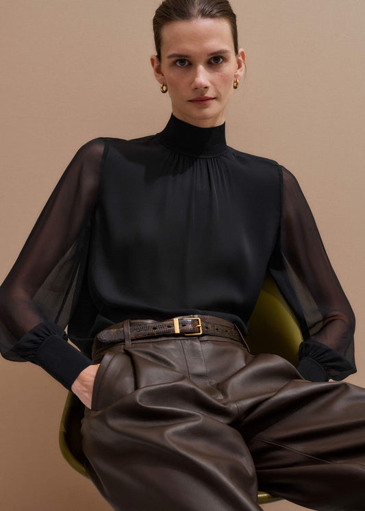 ME and EM Clothing Black Silk Chic Rib Straight Blouse