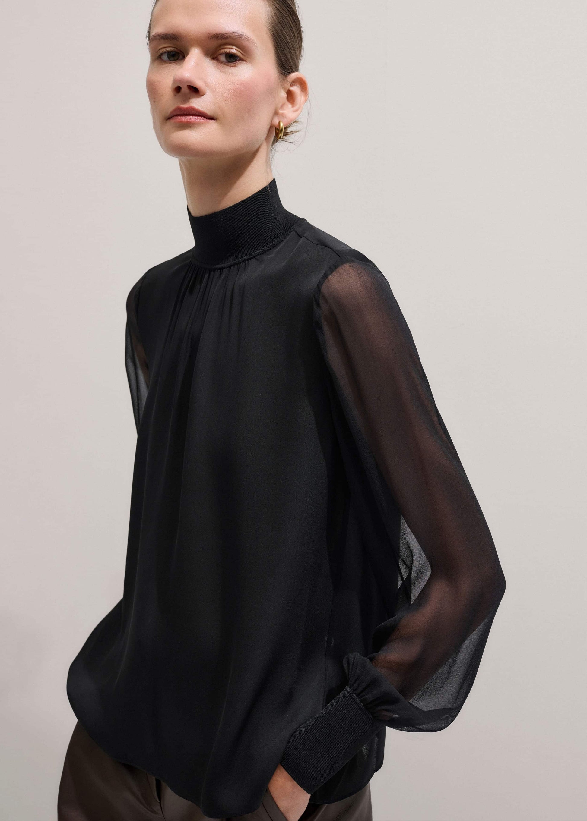 ME and EM Clothing Black Silk Chic Rib Straight Blouse