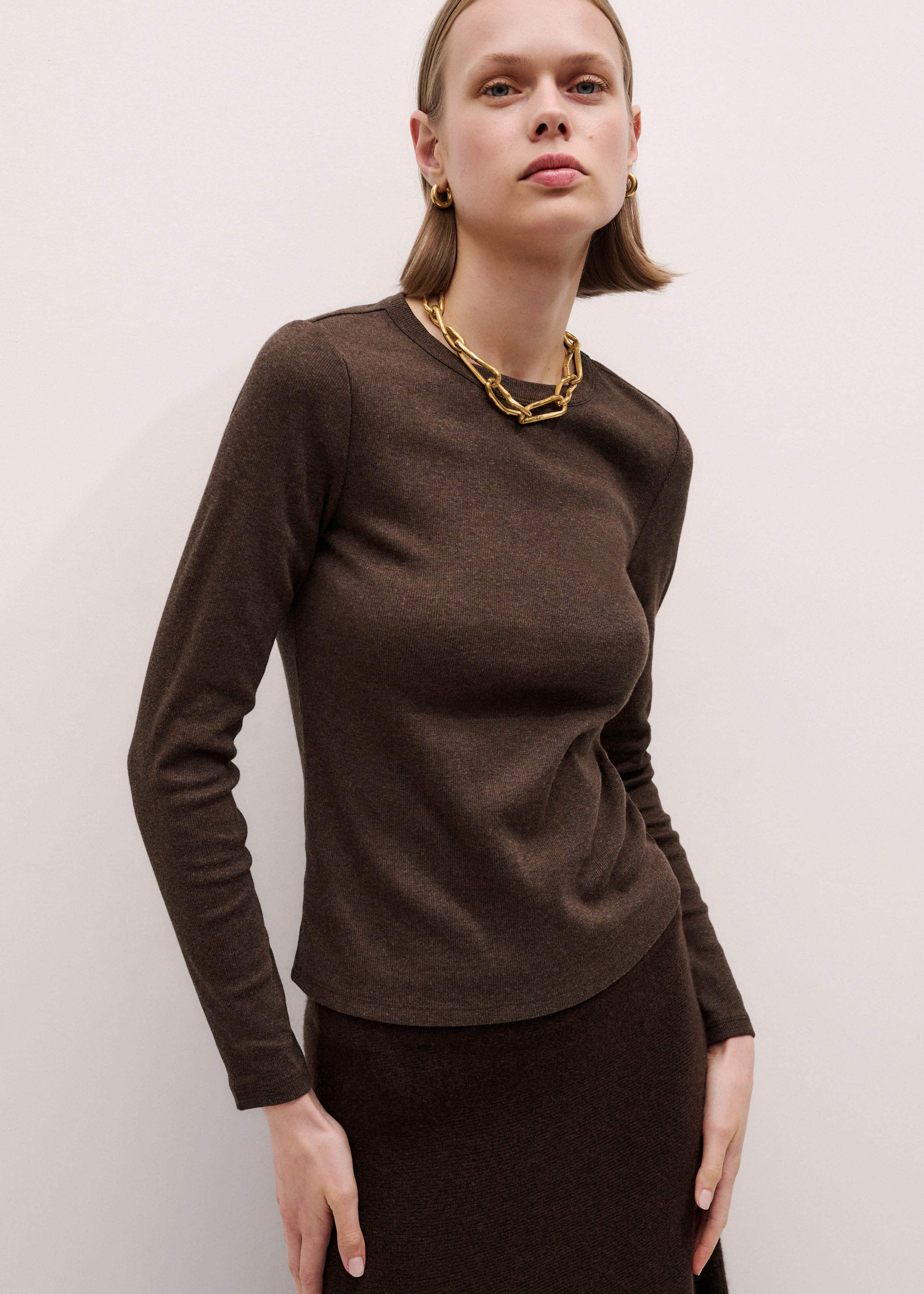 ME and EM Clothing Brown Cotton Rib Perfect Basic Top