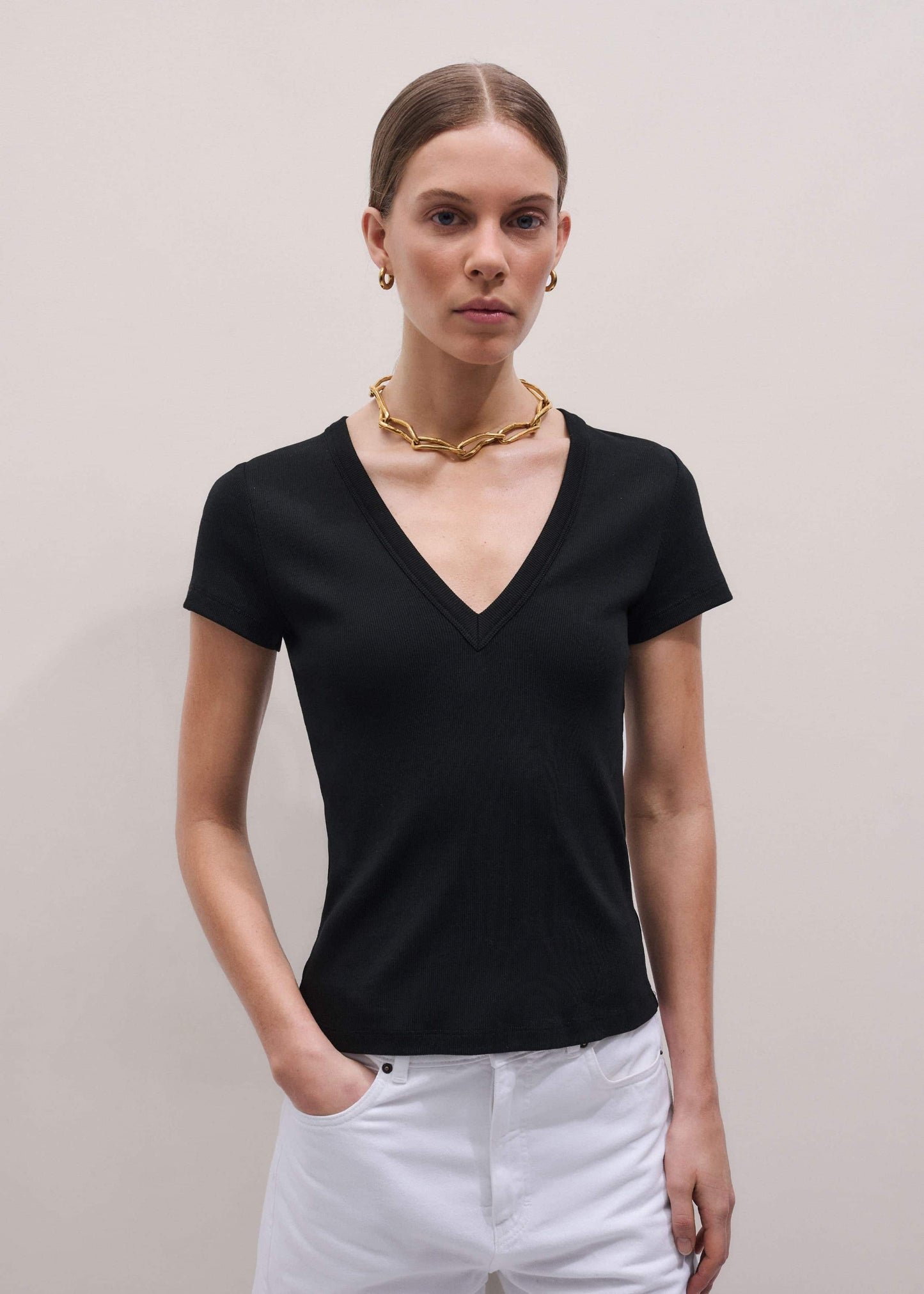 ME and EM Clothing Black Ultimate Fitted Rib V-Neck Tee