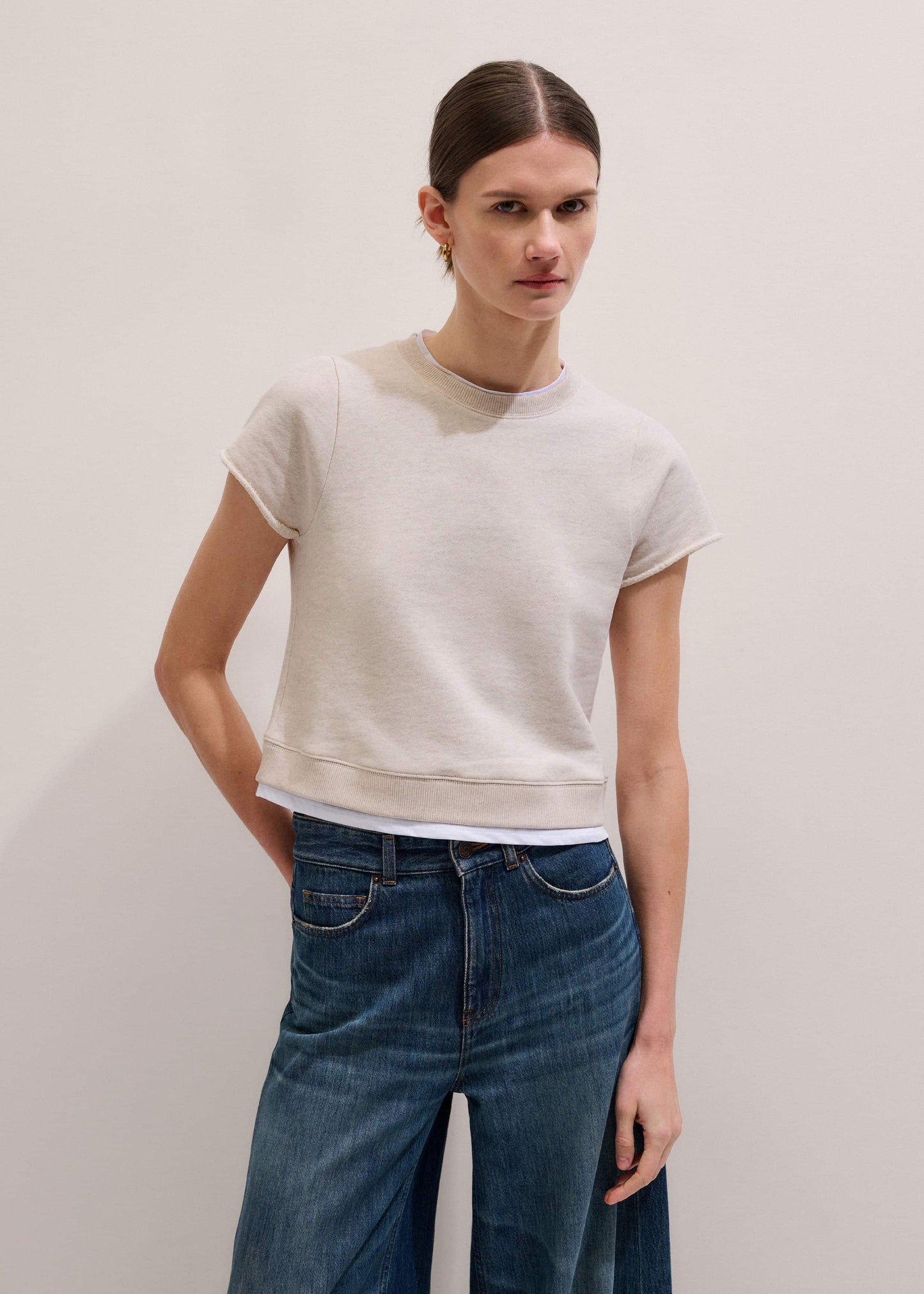 ME and EM Clothing Oatmeal Double Layer Short Sleeve Sweatshirt