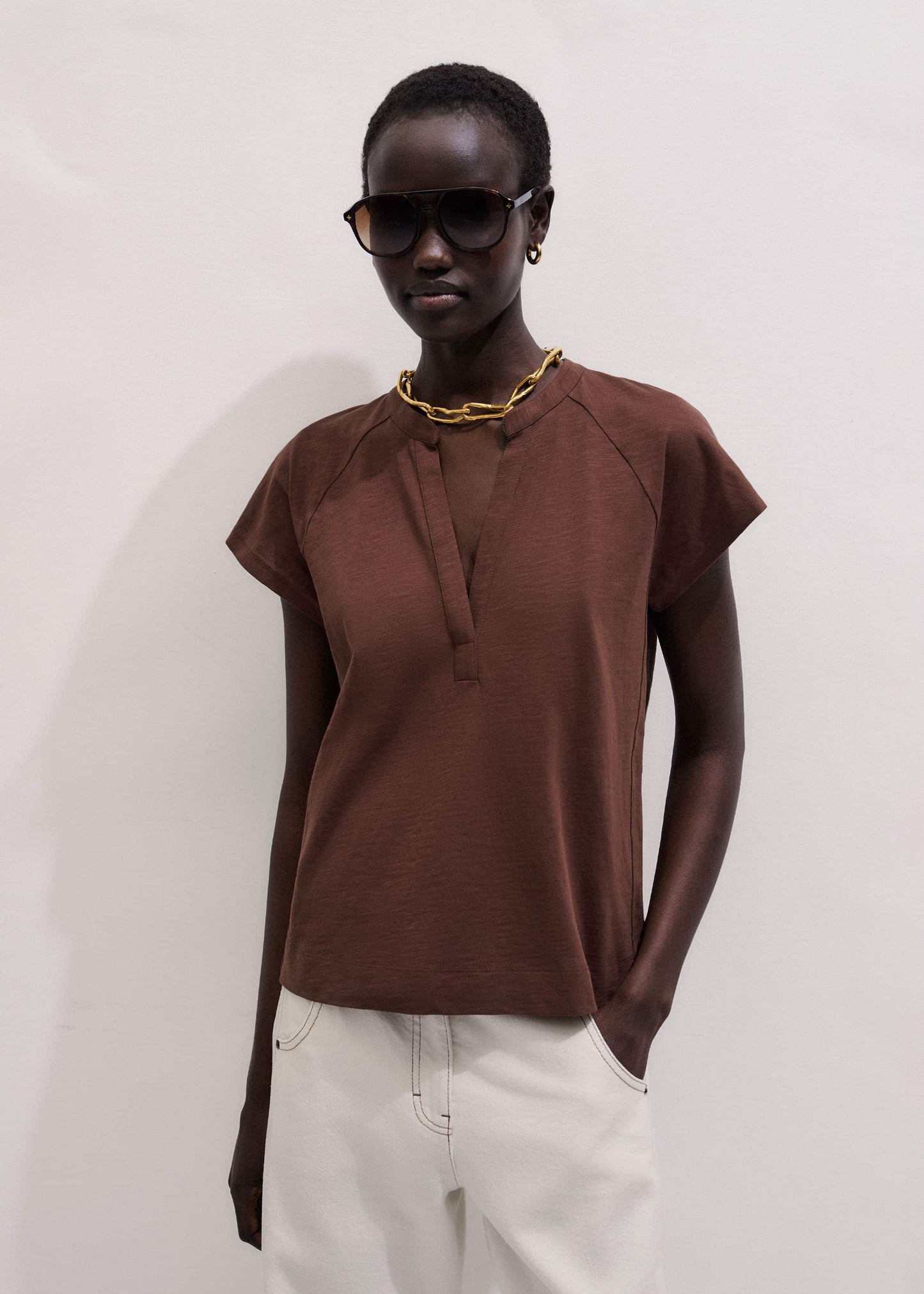 ME and EM Clothing Cinnamon Open Placket V-Neck Swing Top