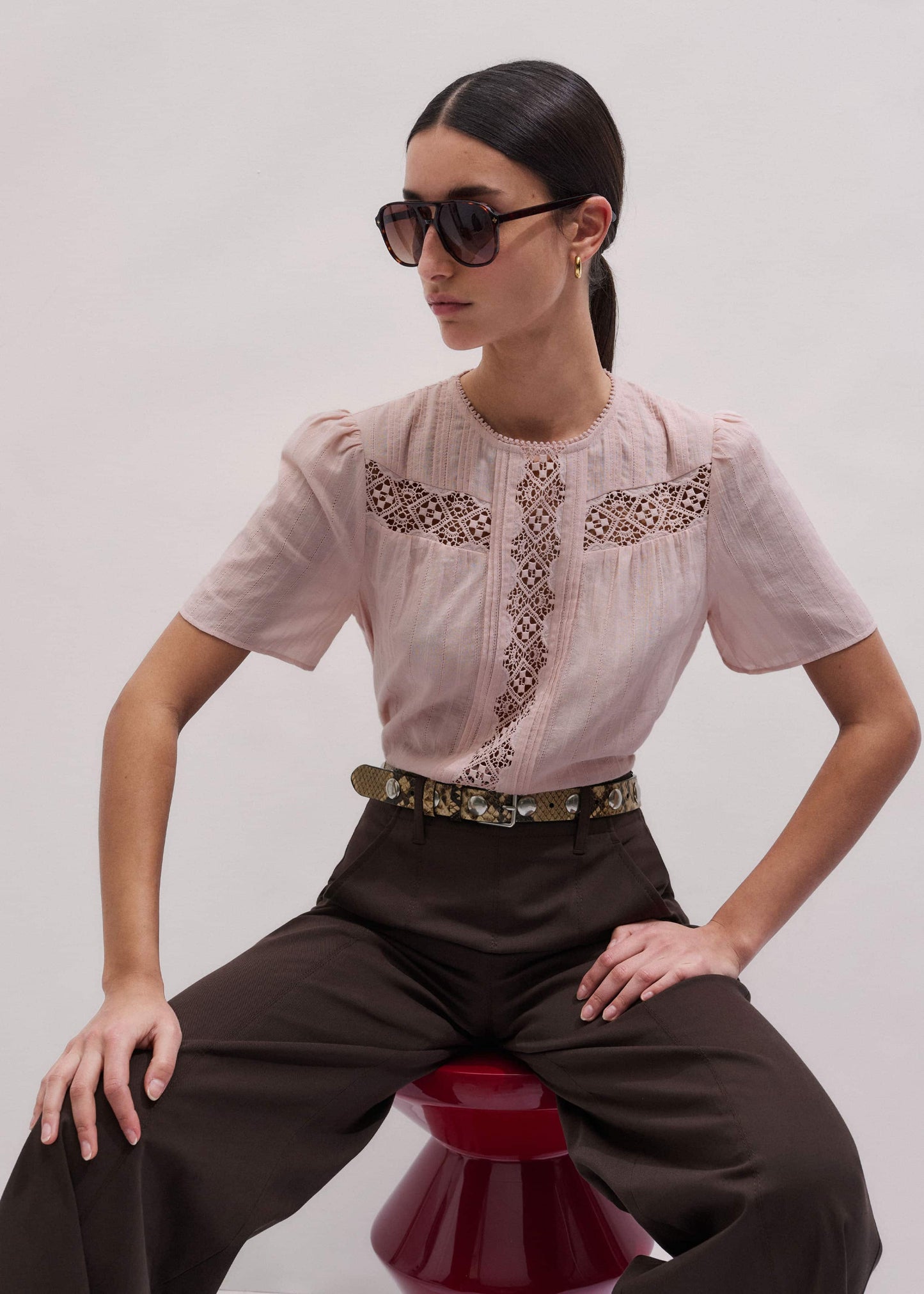 ME and EM Clothing Pink Embroidered Cutout Tee