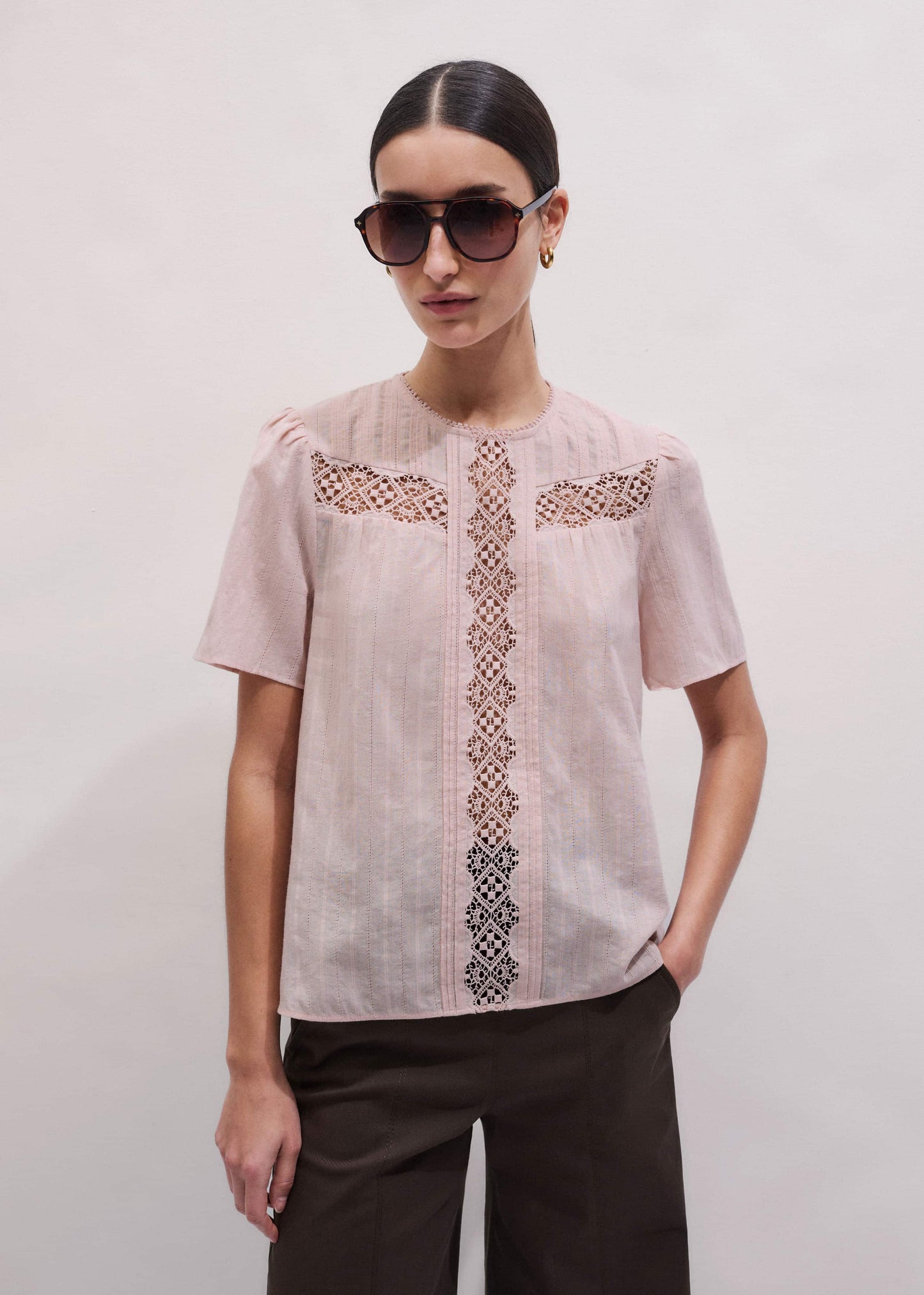 ME and EM Clothing Pink Embroidered Cutout Tee
