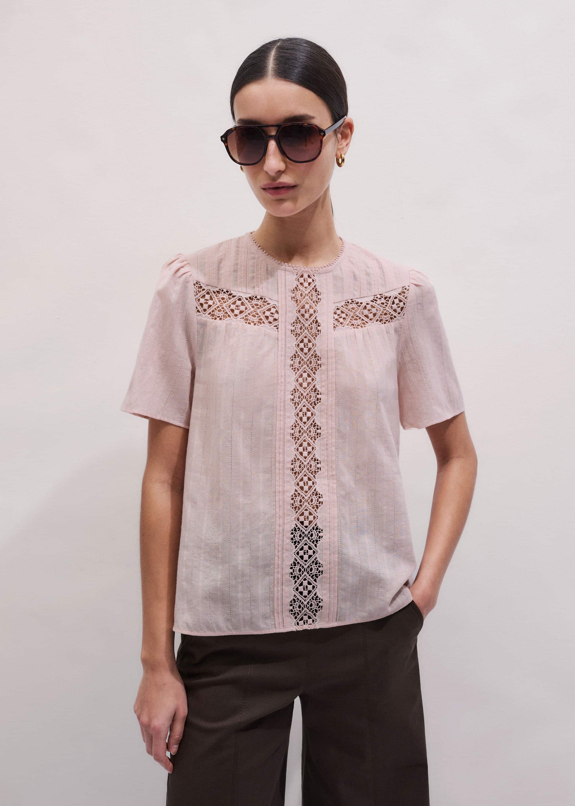 ME and EM Clothing Pink Embroidered Cutout Tee