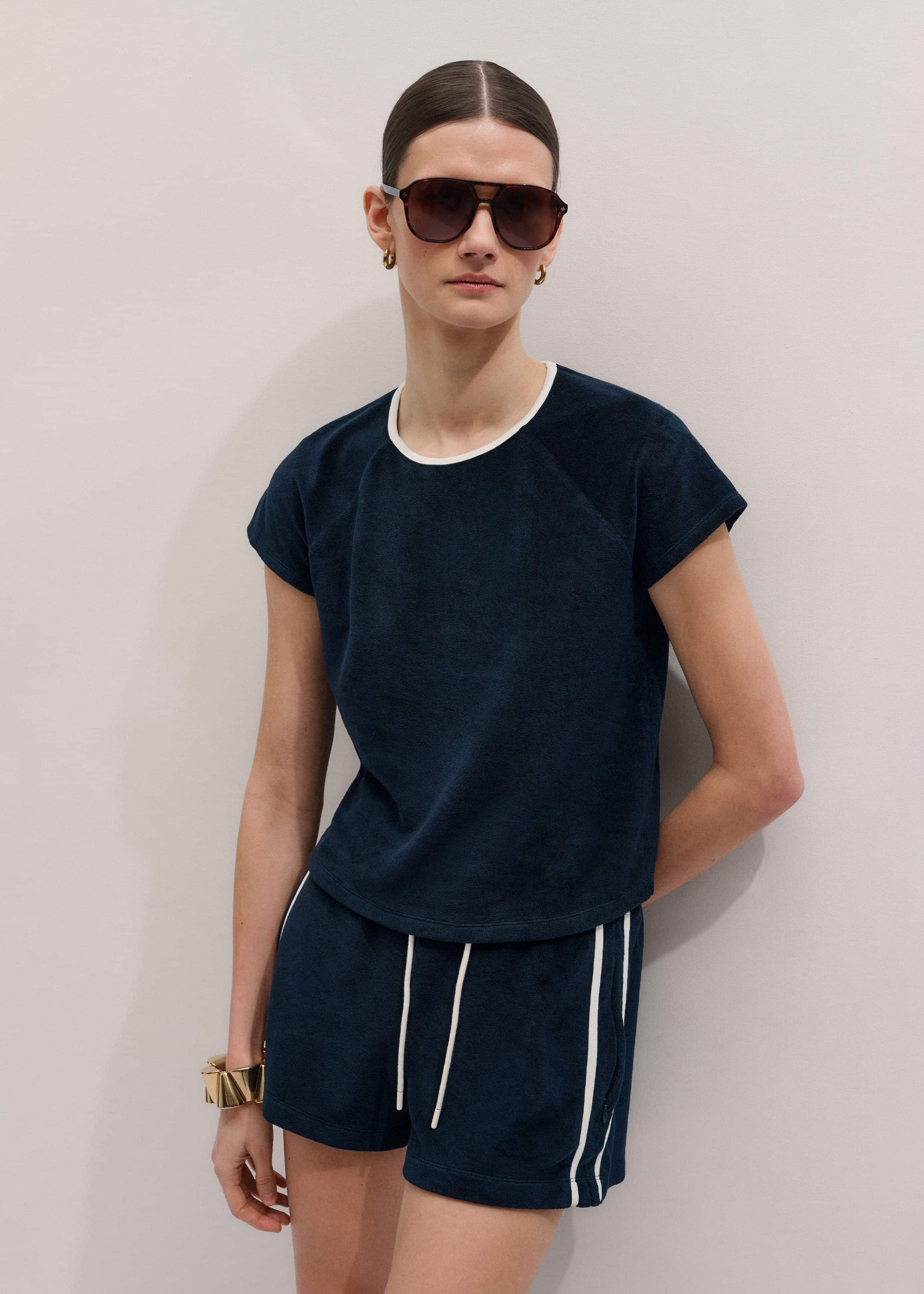 ME and EM Clothing Navy Toweling Rib Trim Baby Tee