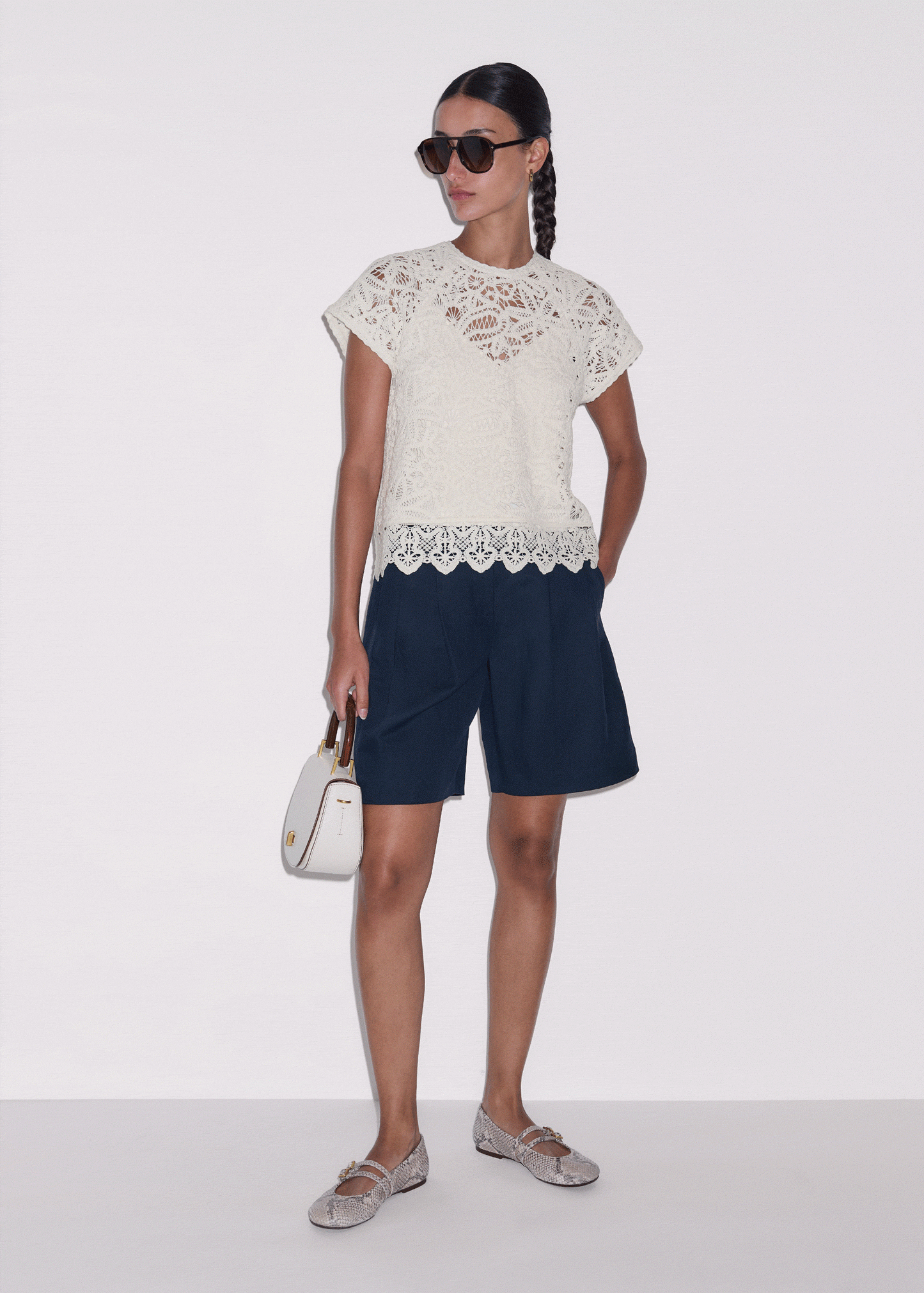 ME and EM Clothing Cream Lace Crochet Crop Tee