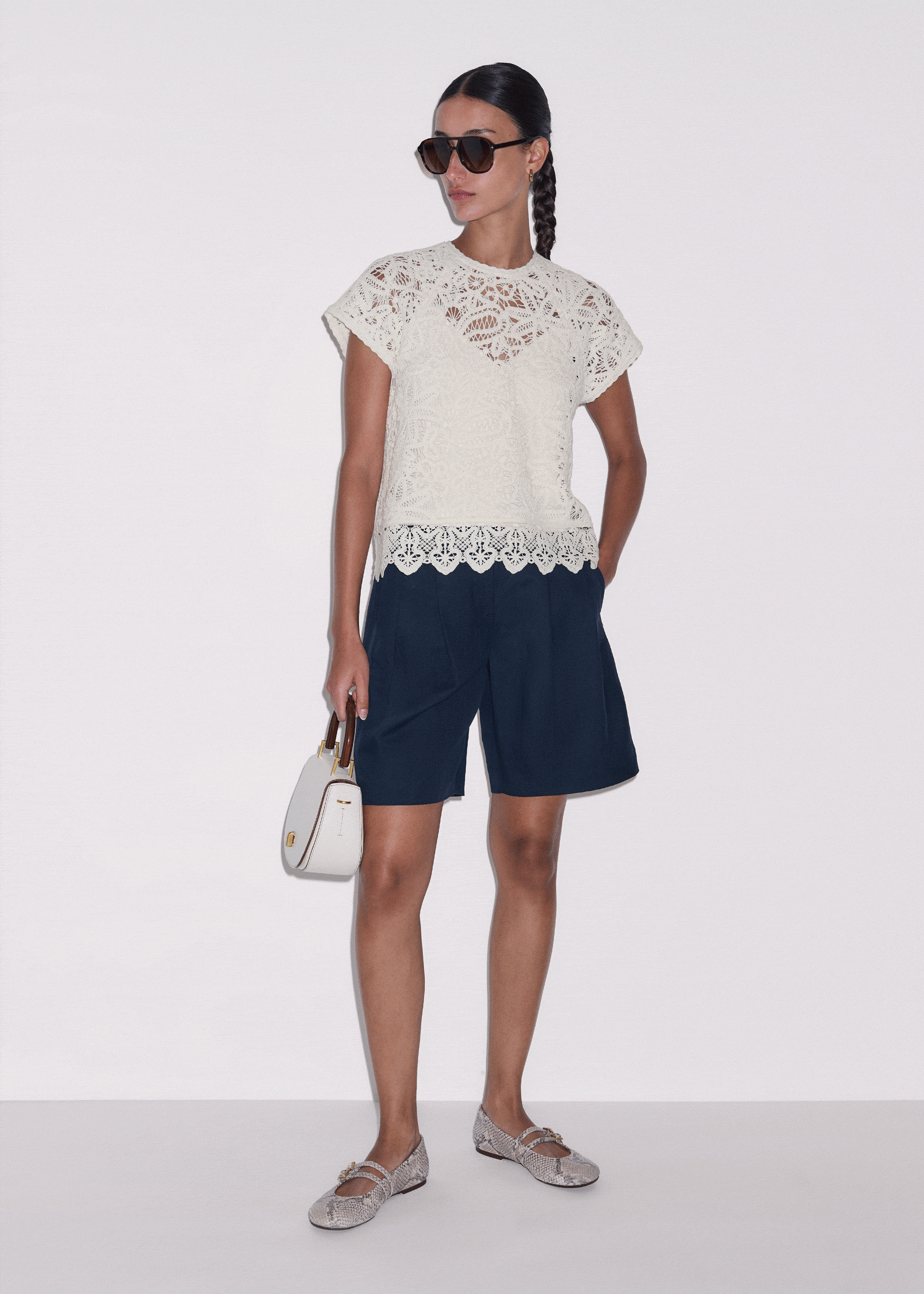 ME and EM Clothing Cream Lace Crochet Crop Tee