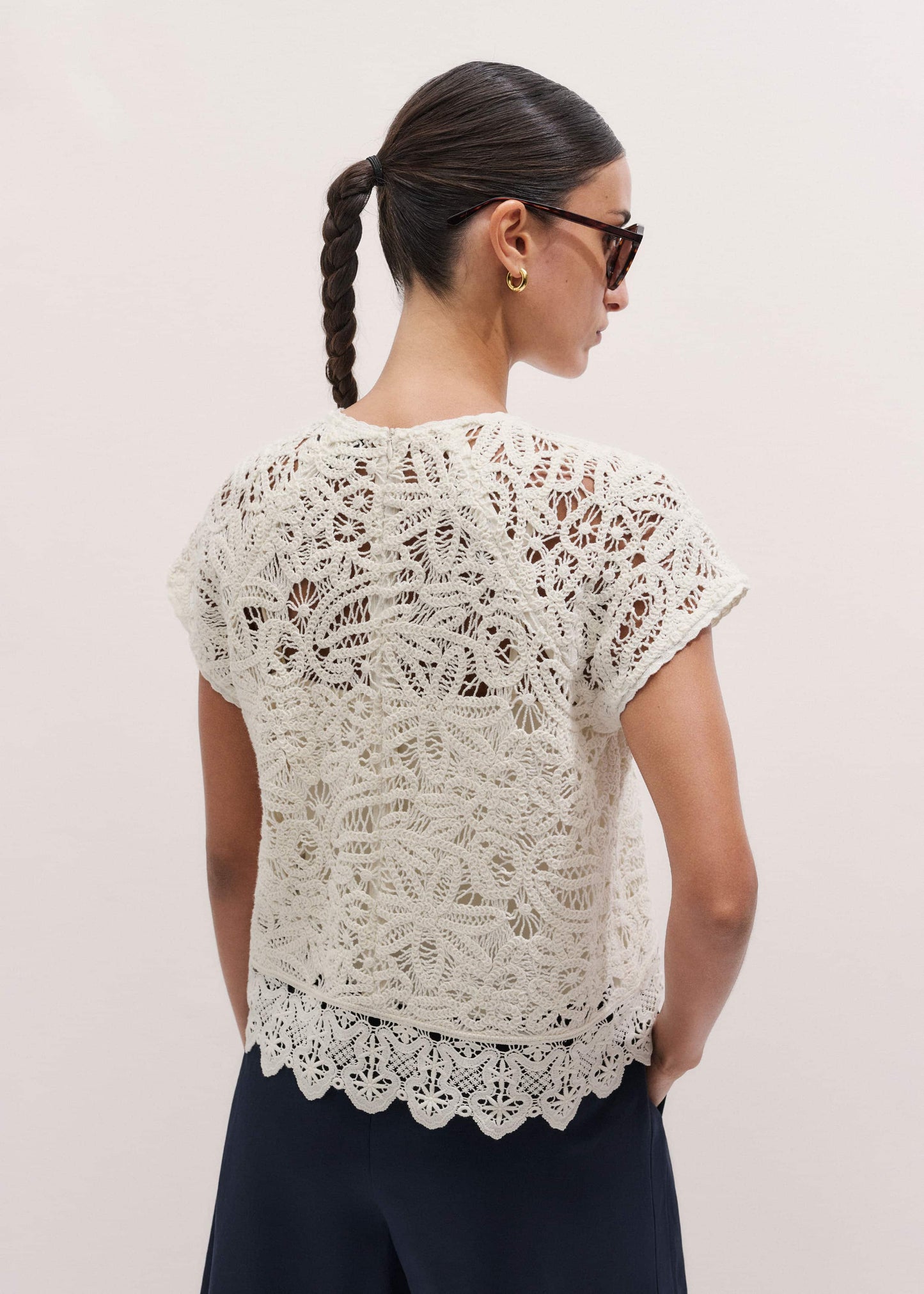 ME and EM Clothing Cream Lace Crochet Crop Tee