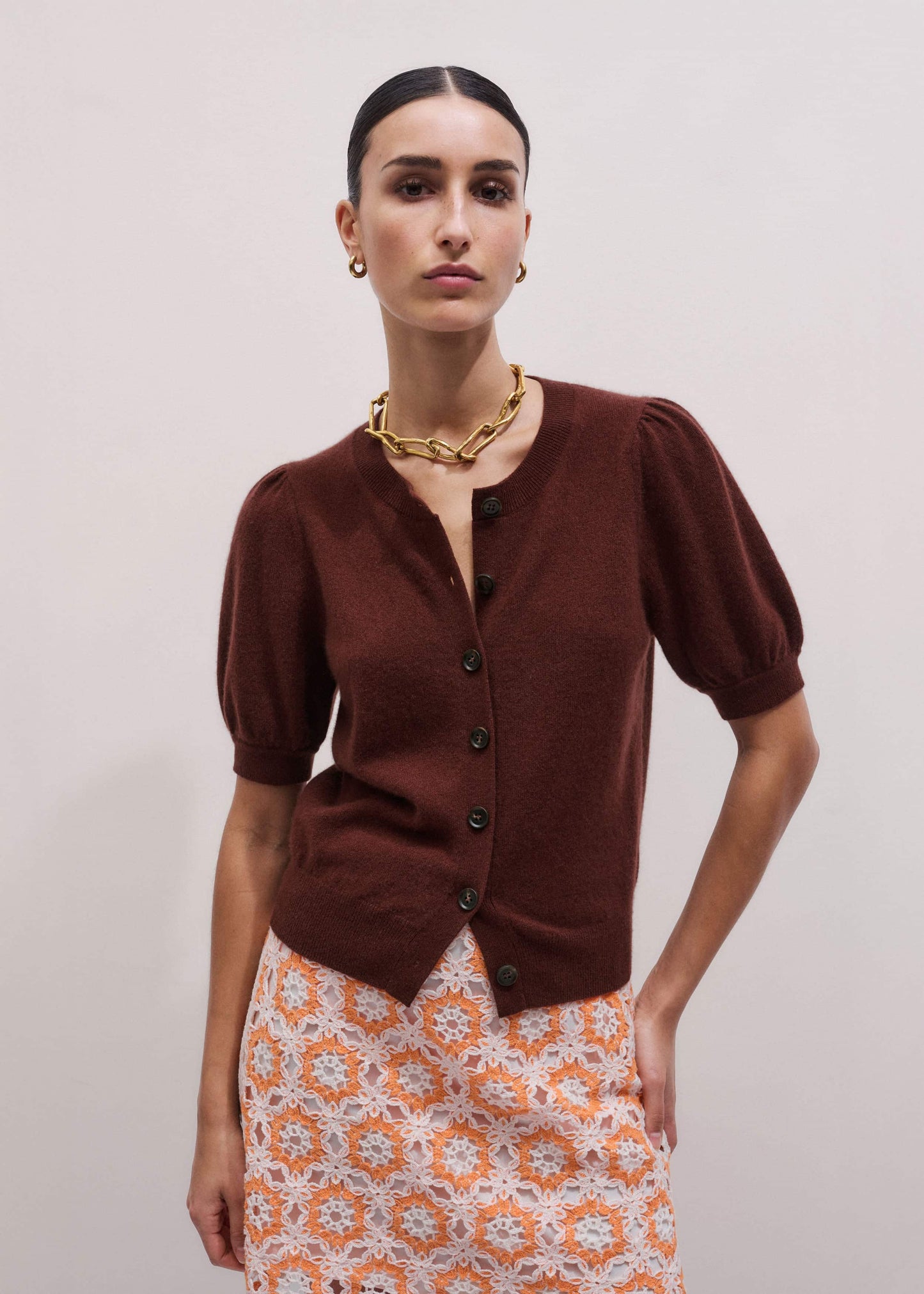ME and EM Clothing Cinnamon Brown Cashmere Feminine Sleeve Cardi