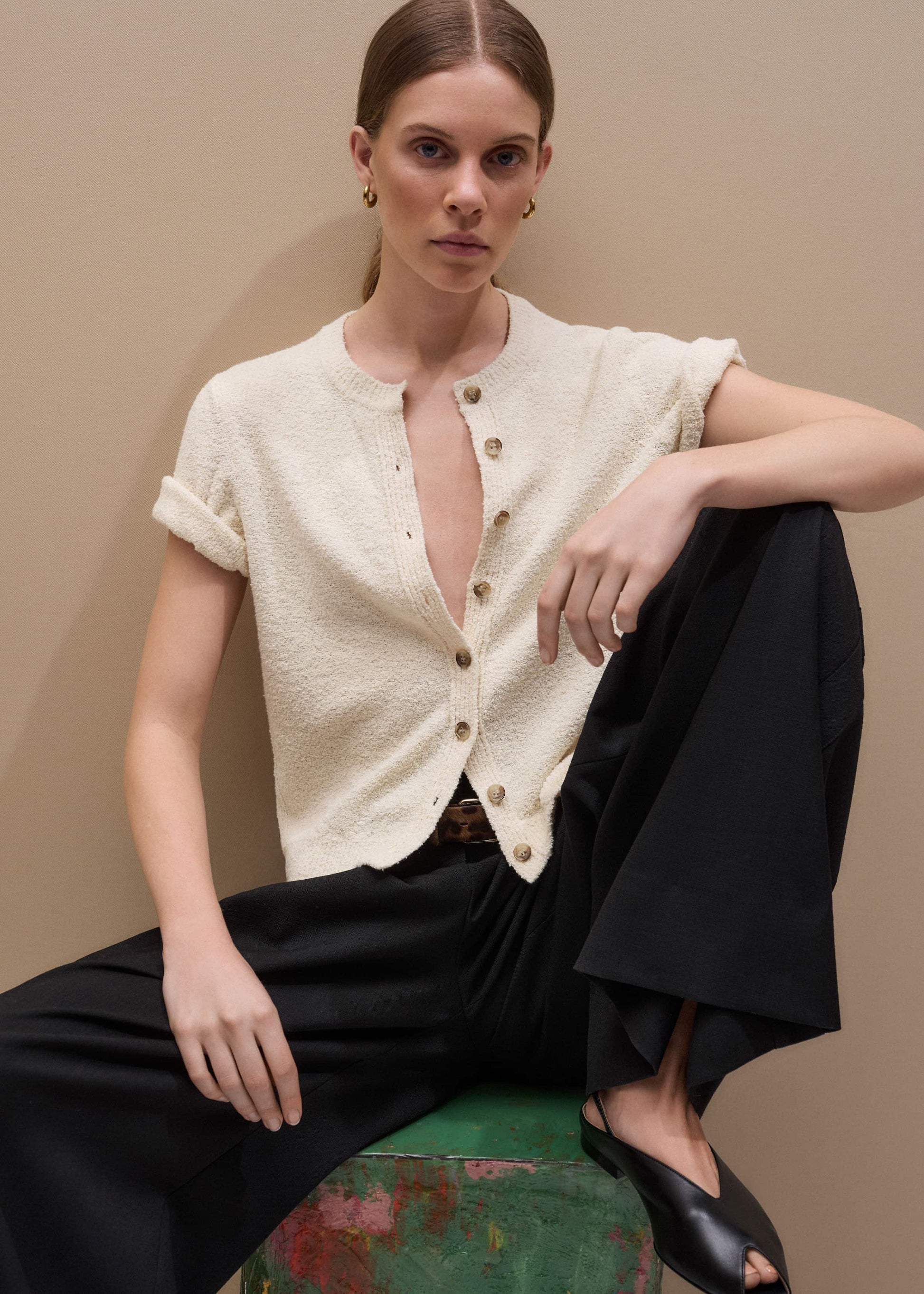 ME and EM Clothing Cream Short Sleeve Cardigan