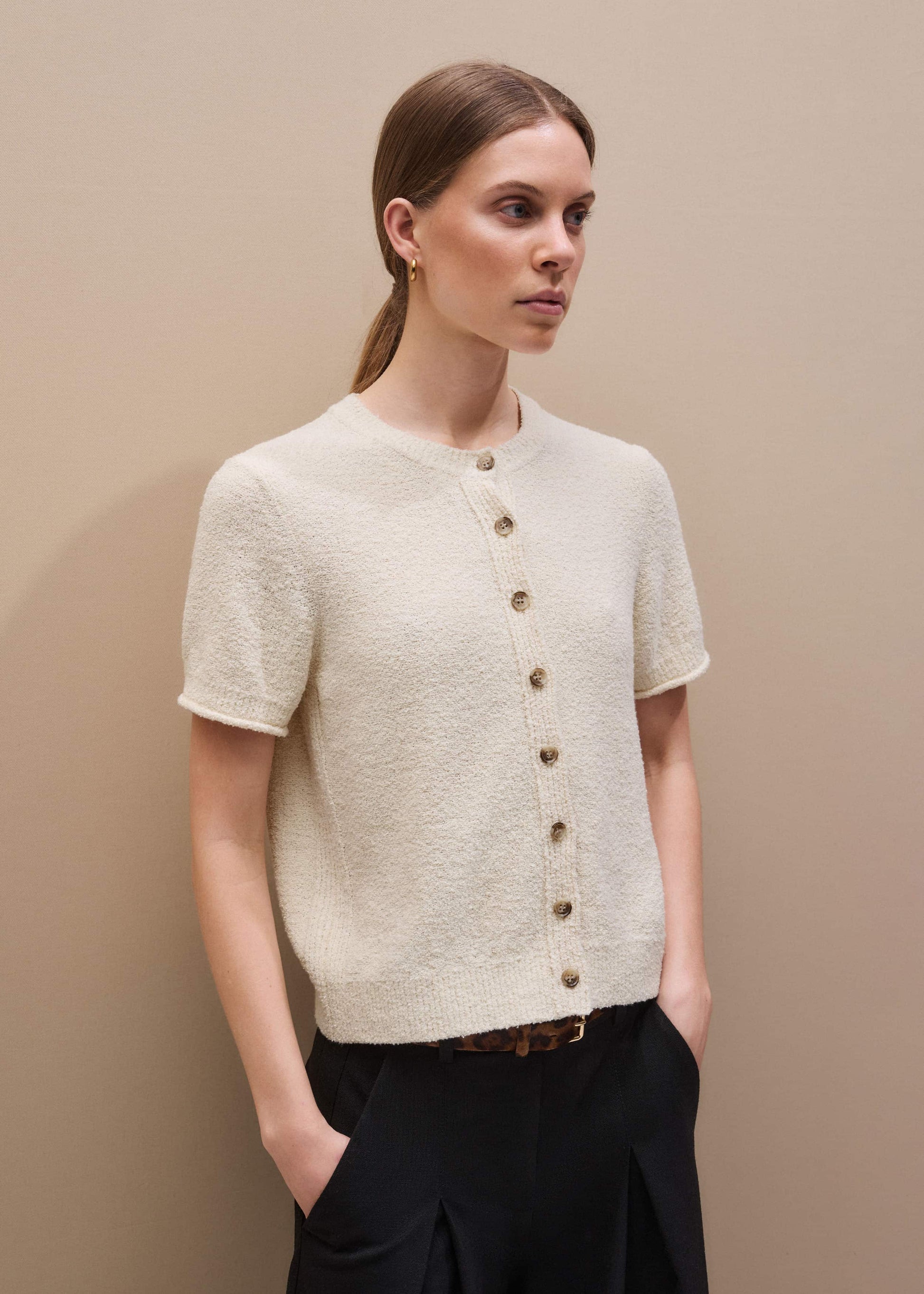 ME and EM Clothing Cream Short Sleeve Cardigan