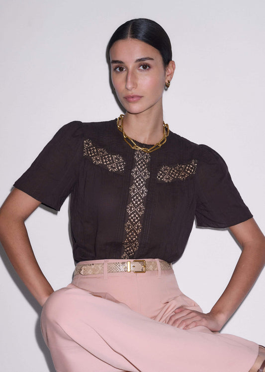 ME and EM Clothing Brown Embroidered Cutout Tee