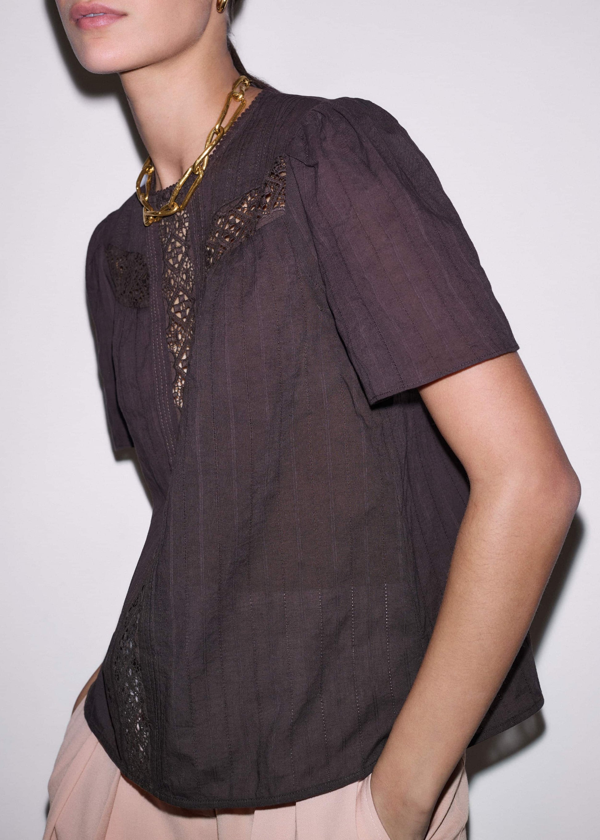 ME and EM Clothing Brown Embroidered Cutout Tee