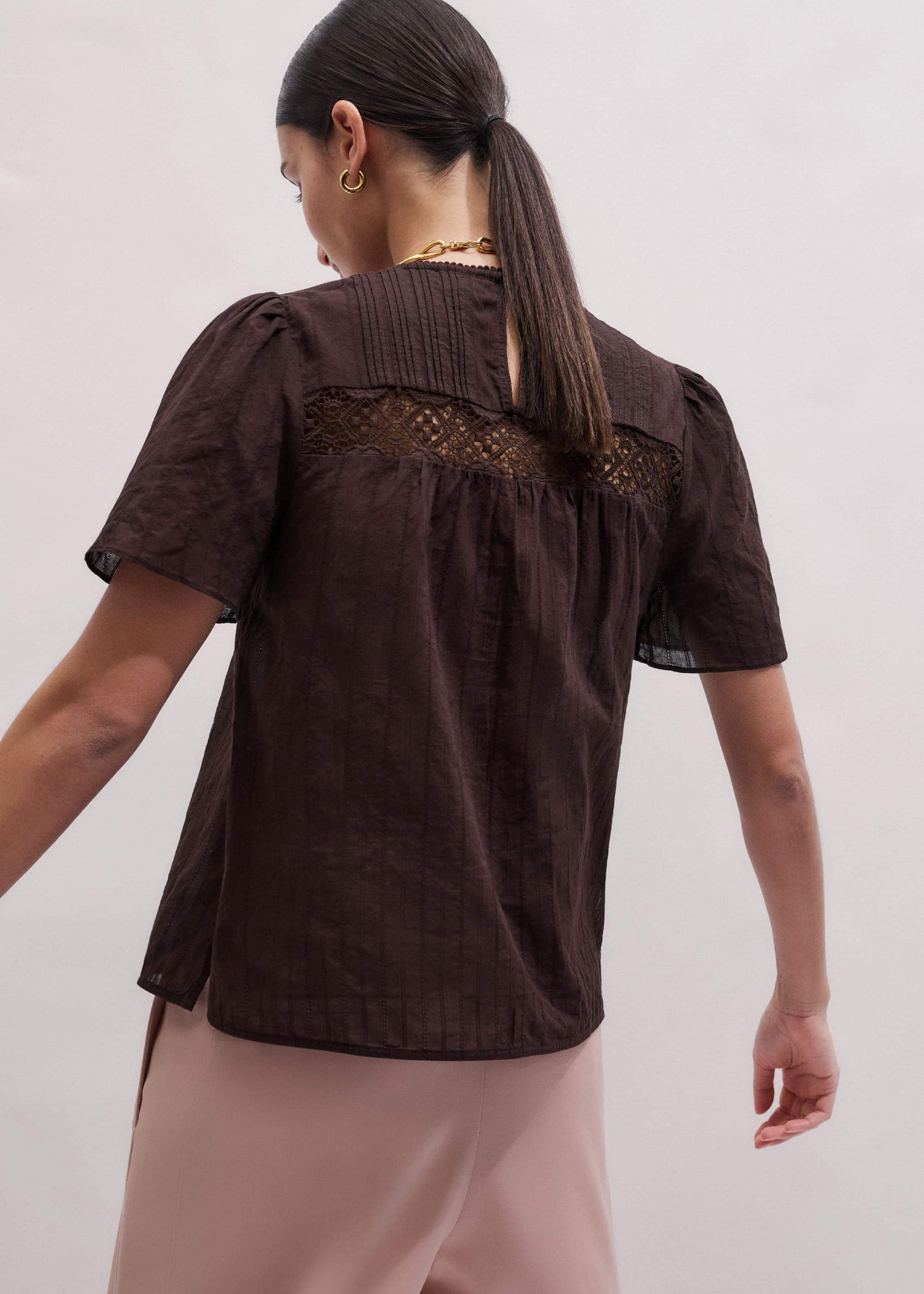 ME and EM Clothing Brown Embroidered Cutout Tee