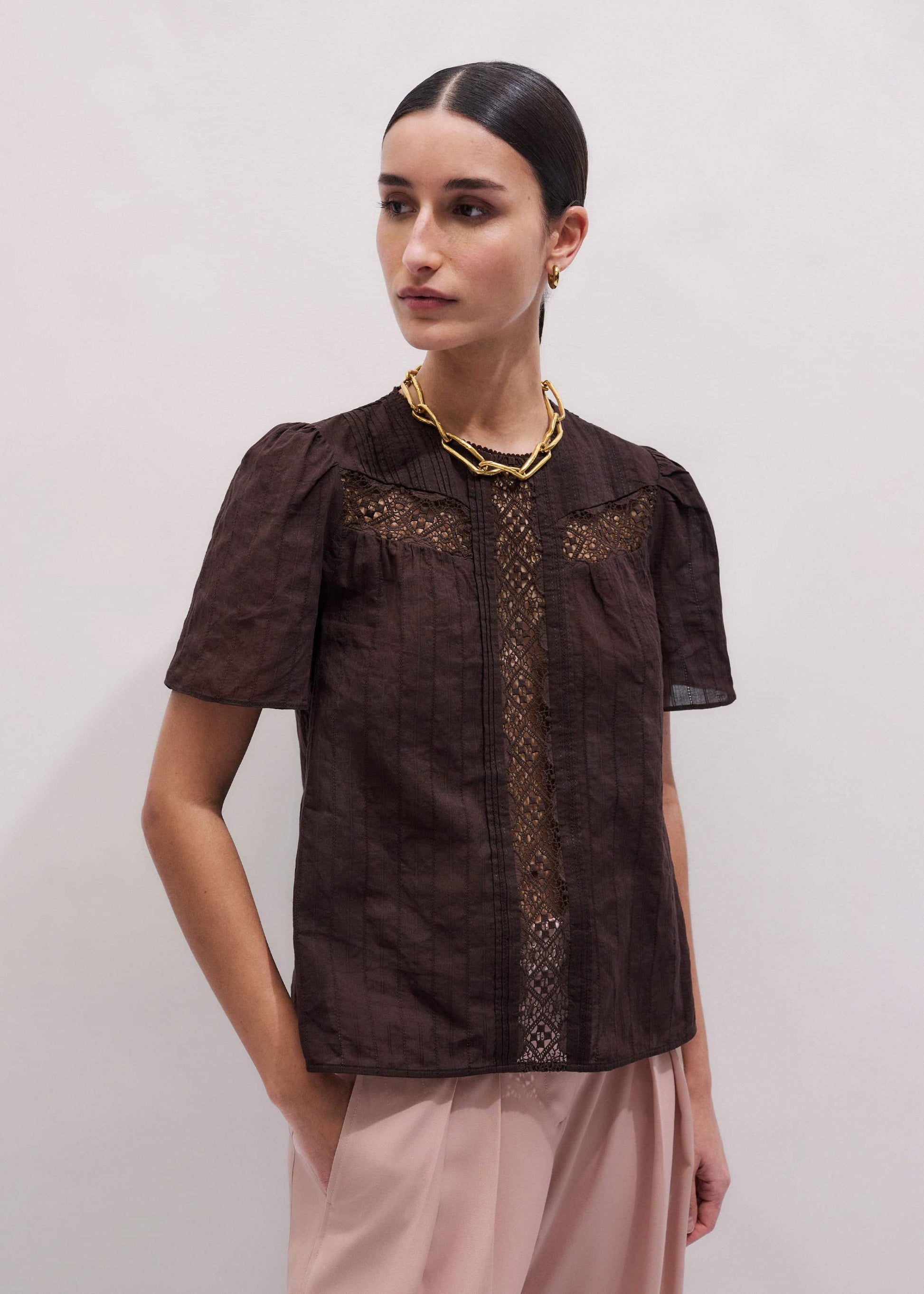 ME and EM Clothing Brown Embroidered Cutout Tee