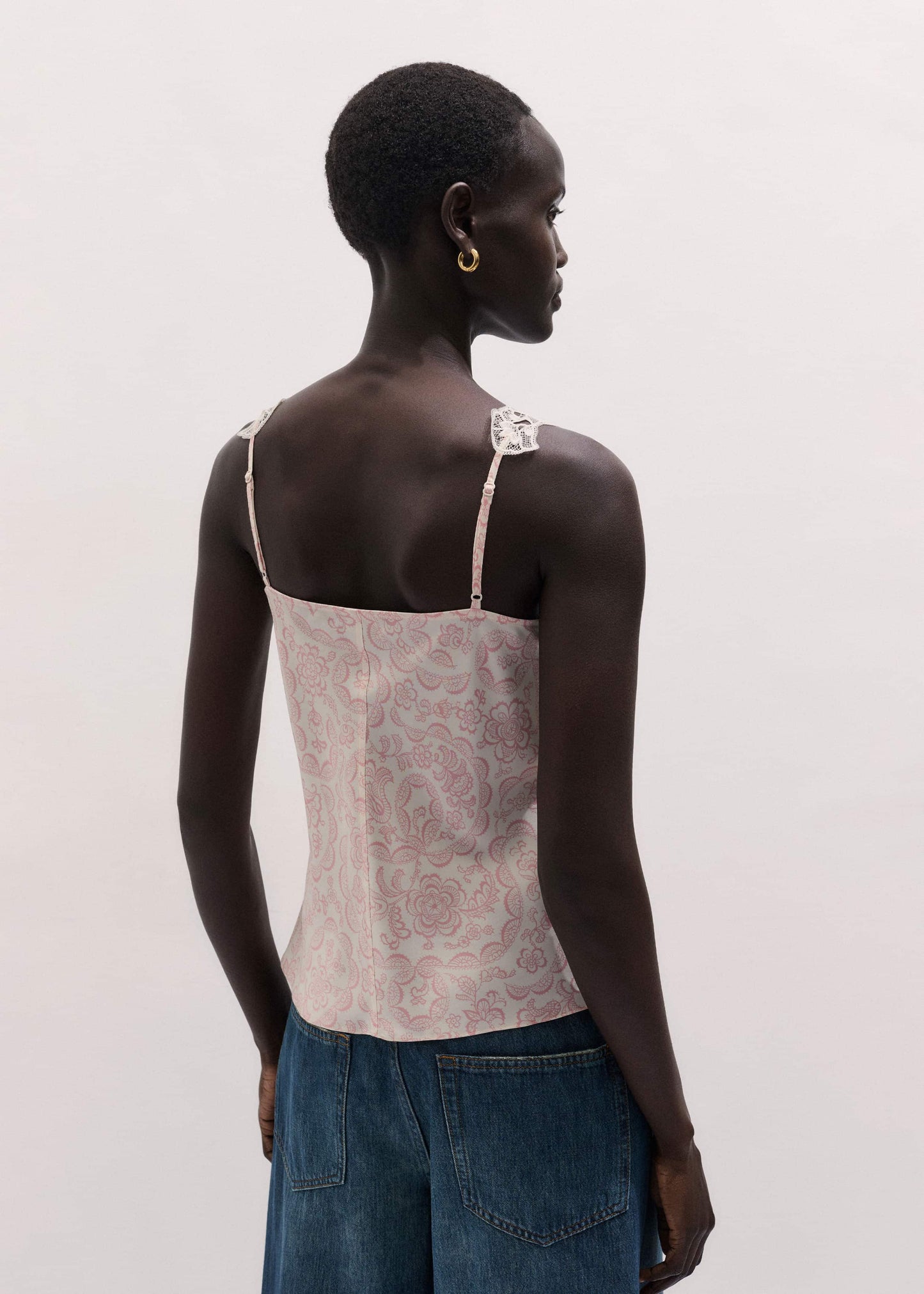 ME and EM Clothing Cream Silk Satin Entangled Lace Trim Cami Top
