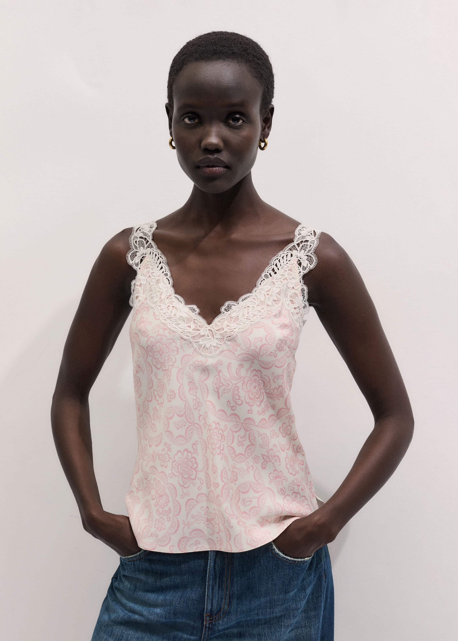ME and EM Clothing Cream Silk Satin Entangled Lace Trim Cami Top