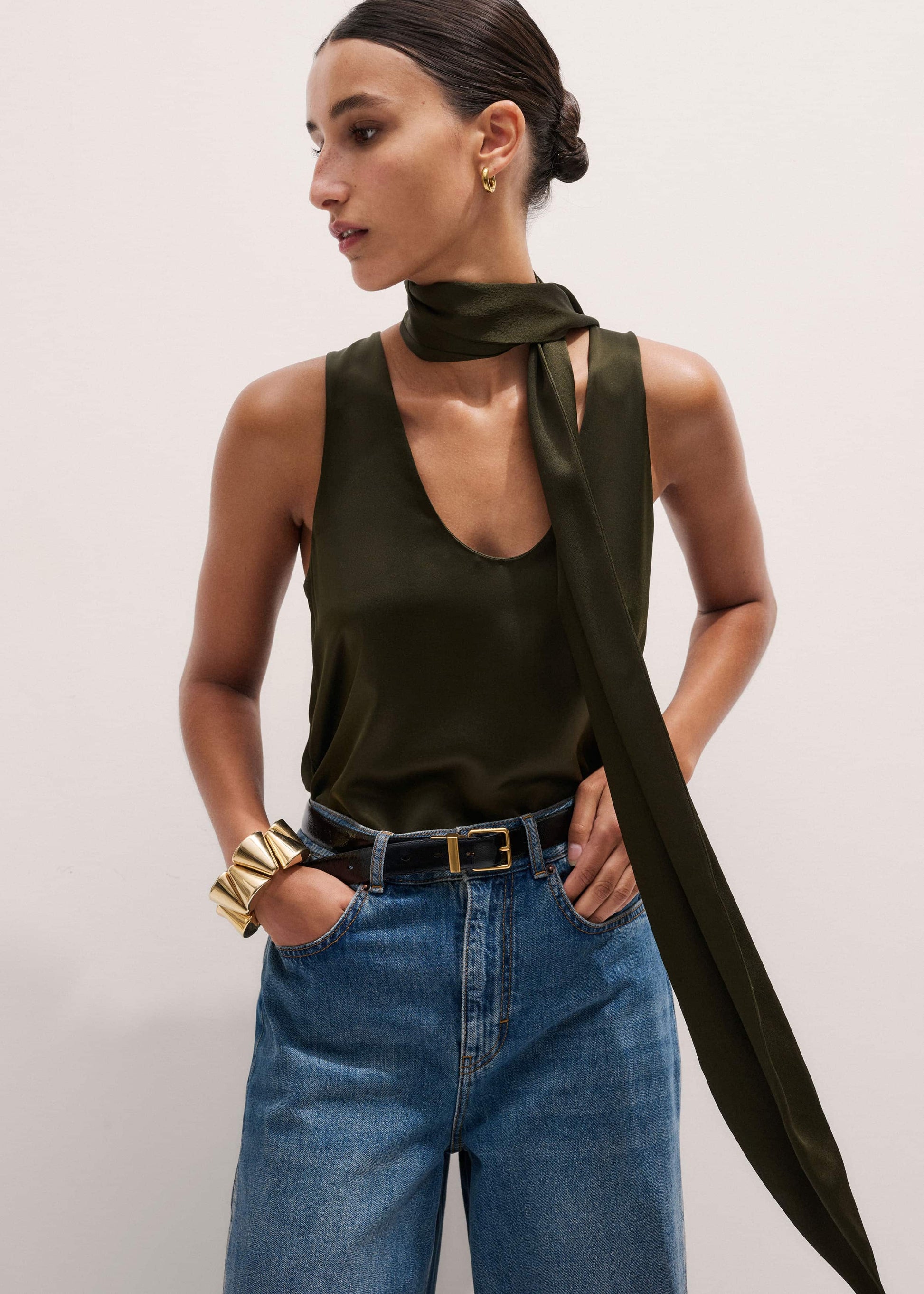 ME and EM Clothing Olive Green Silk Satin Evening Tank Top
