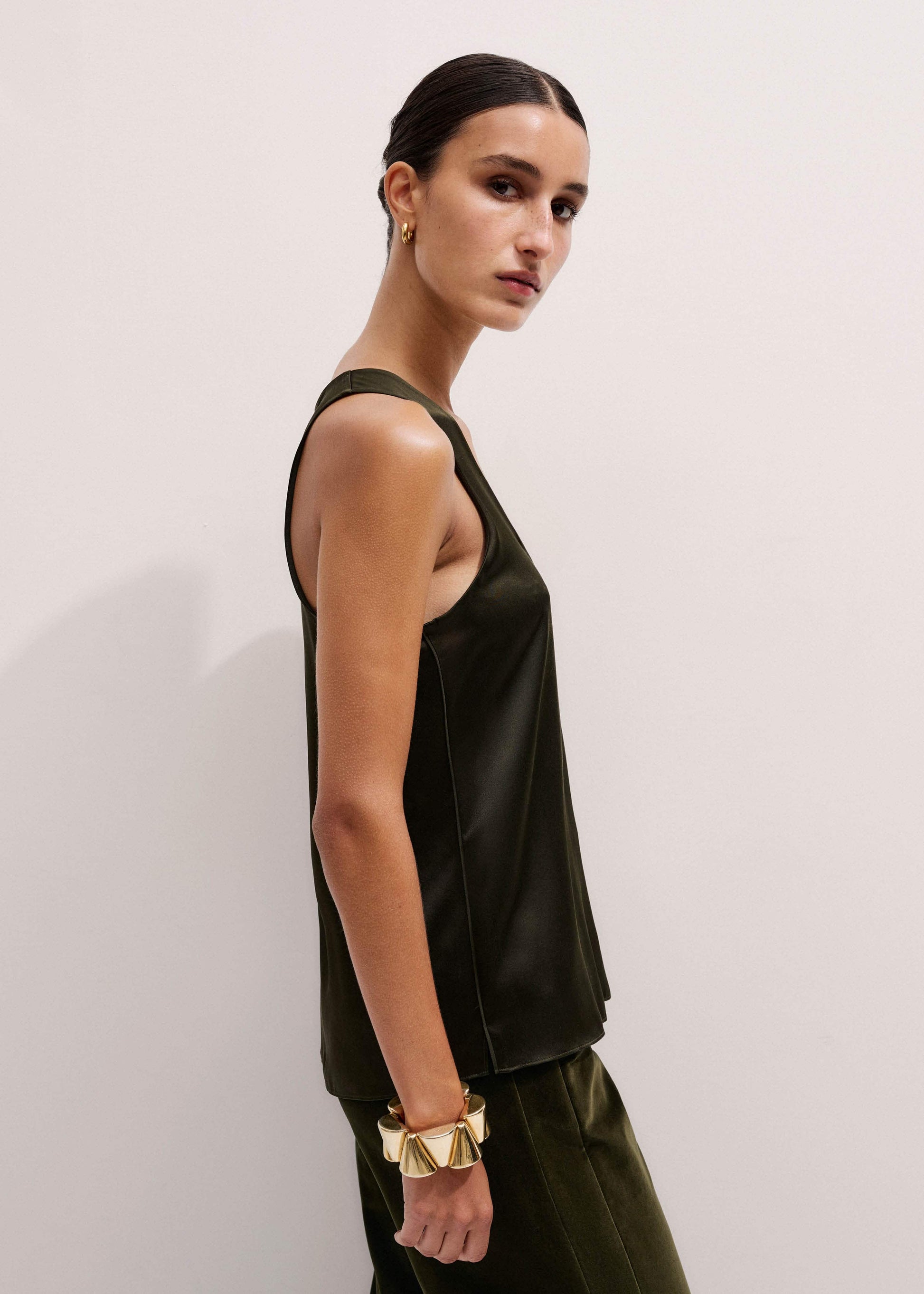 ME and EM Clothing Olive Green Silk Satin Evening Tank Top