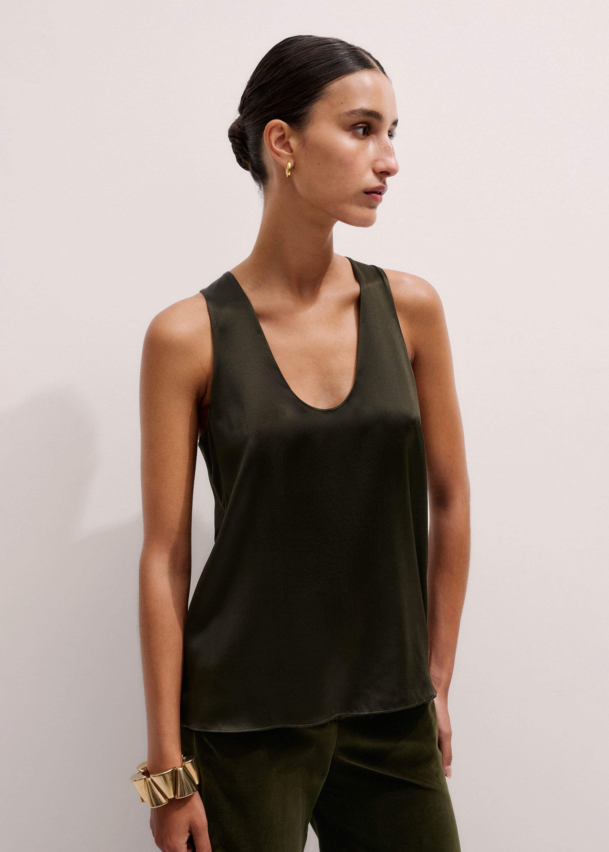 ME and EM Clothing Olive Green Silk Satin Evening Tank Top