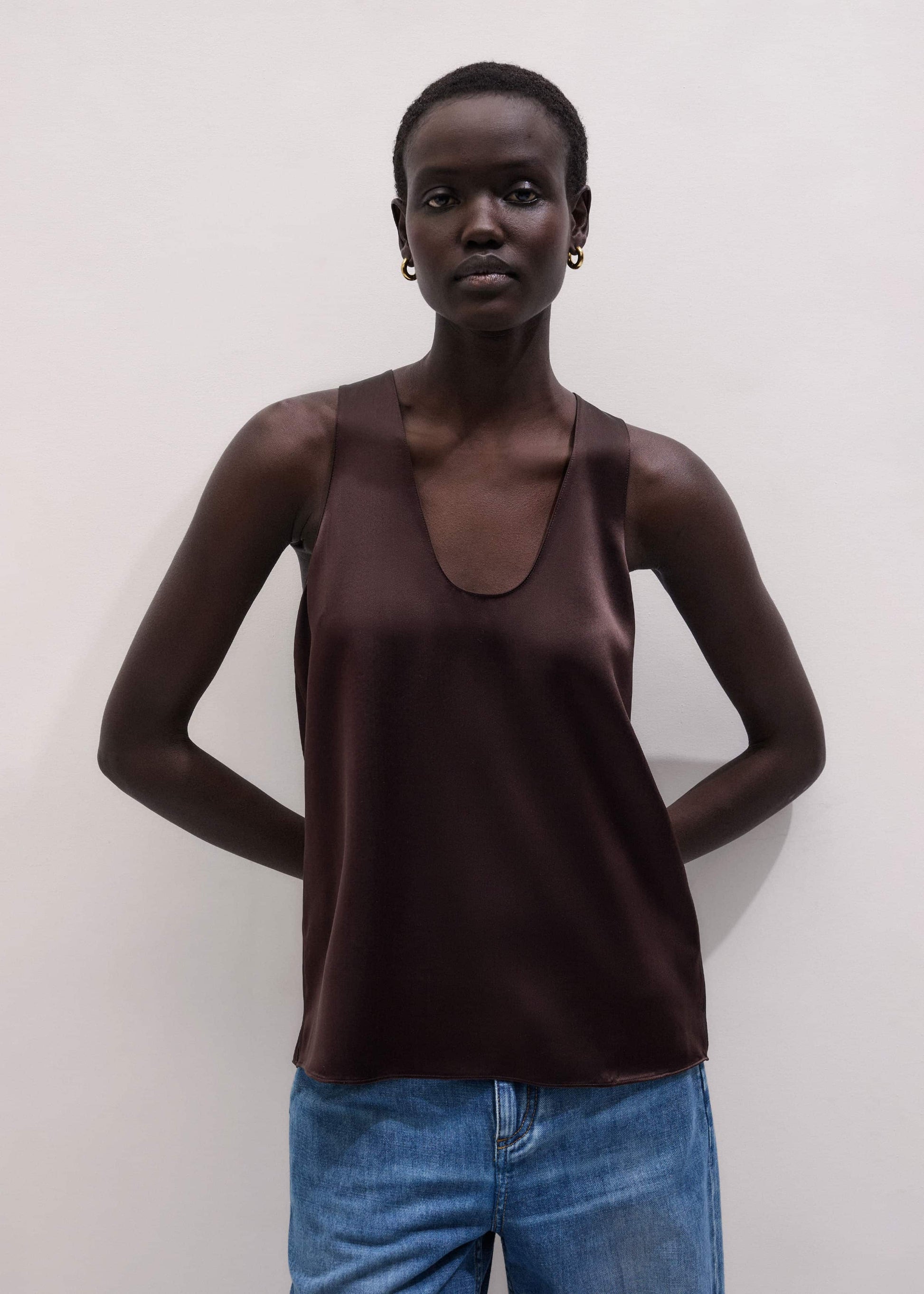ME and EM Clothing Brown Silk Satin Fluid Evening Tank