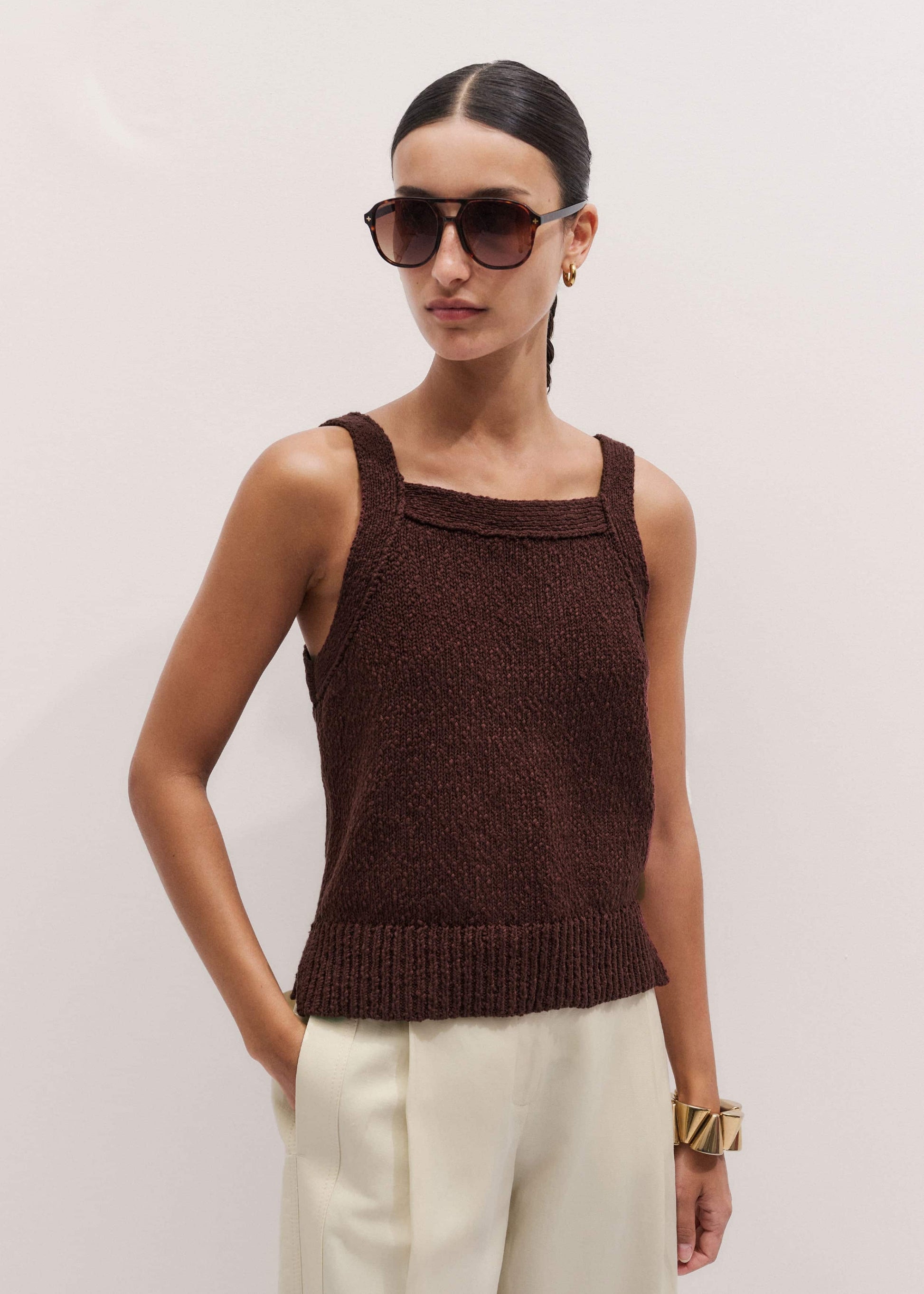 ME and EM Clothing Cinnamon Brown Square Neck Knit Top
