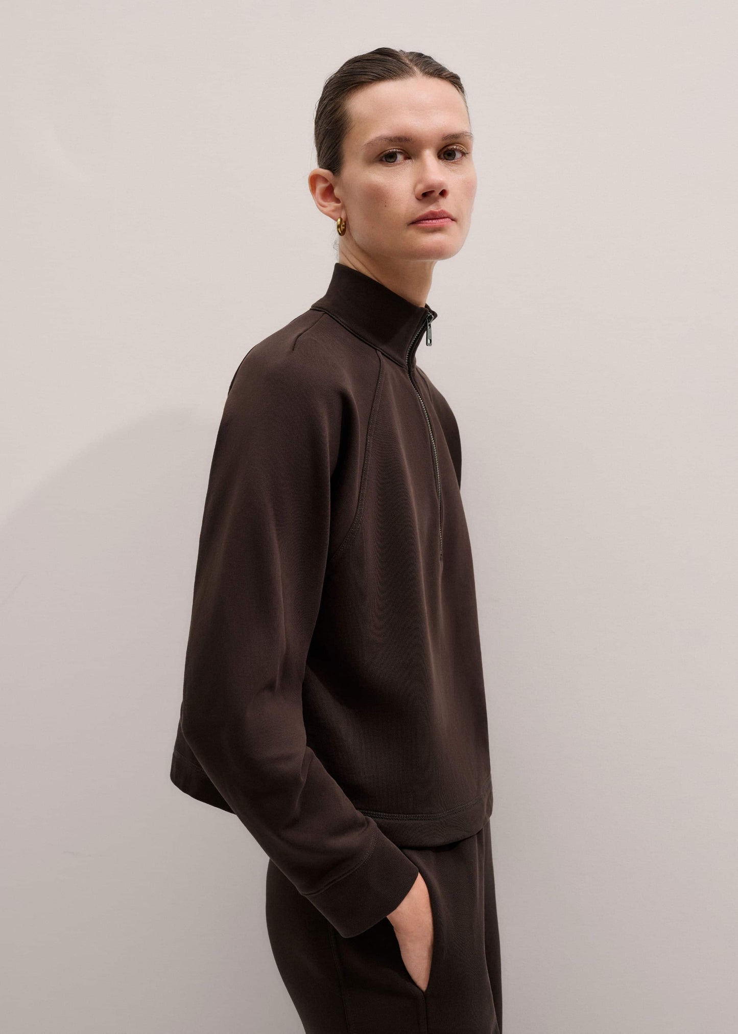 ME and EM Clothing Brown Sweatshirt Cropped Funnel Neck Top