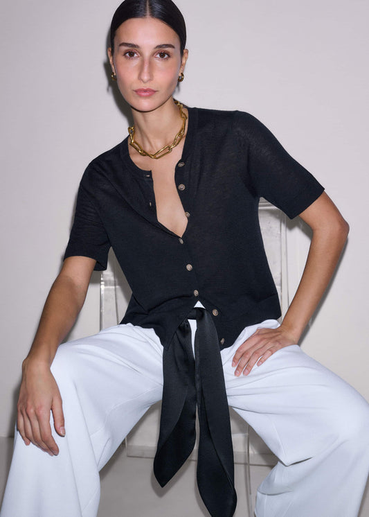 ME and EM Clothing Black Merino Cashmere Barely There Buttoned Knit Tee
