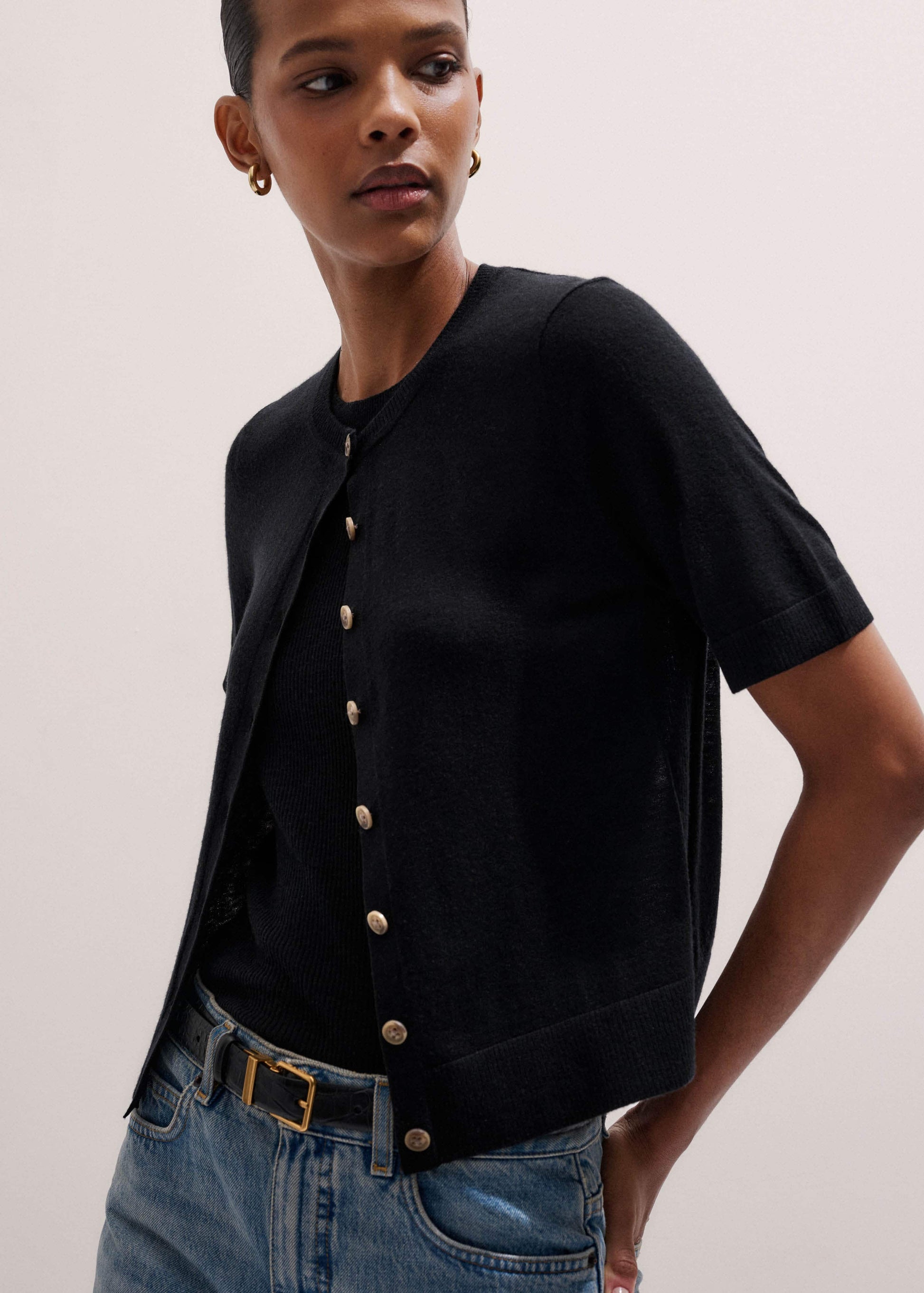 ME and EM Clothing Black Merino Cashmere Barely There Buttoned Knit Tee