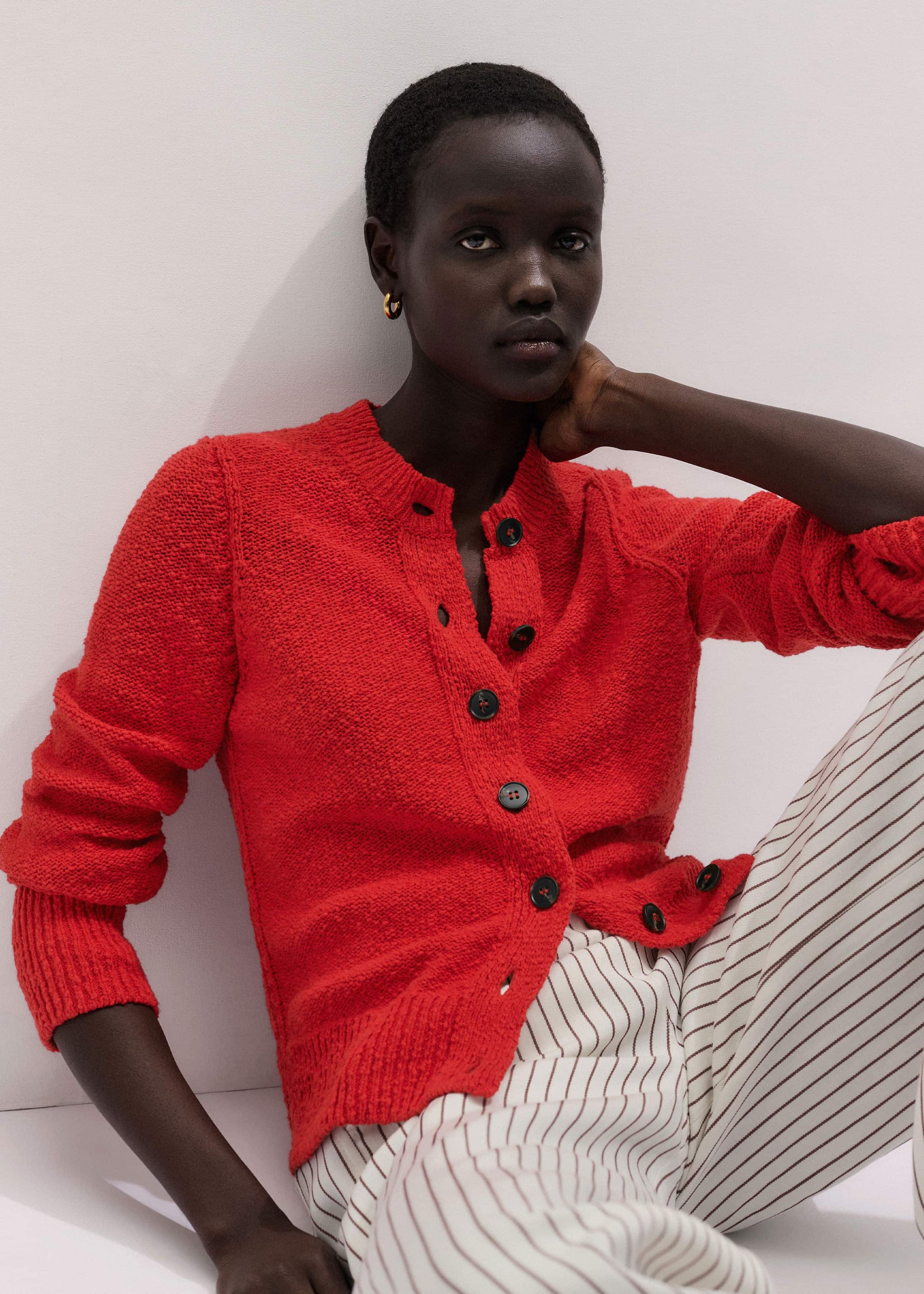 ME and EM Clothing Red Bouclé Straight Knit Cardigan