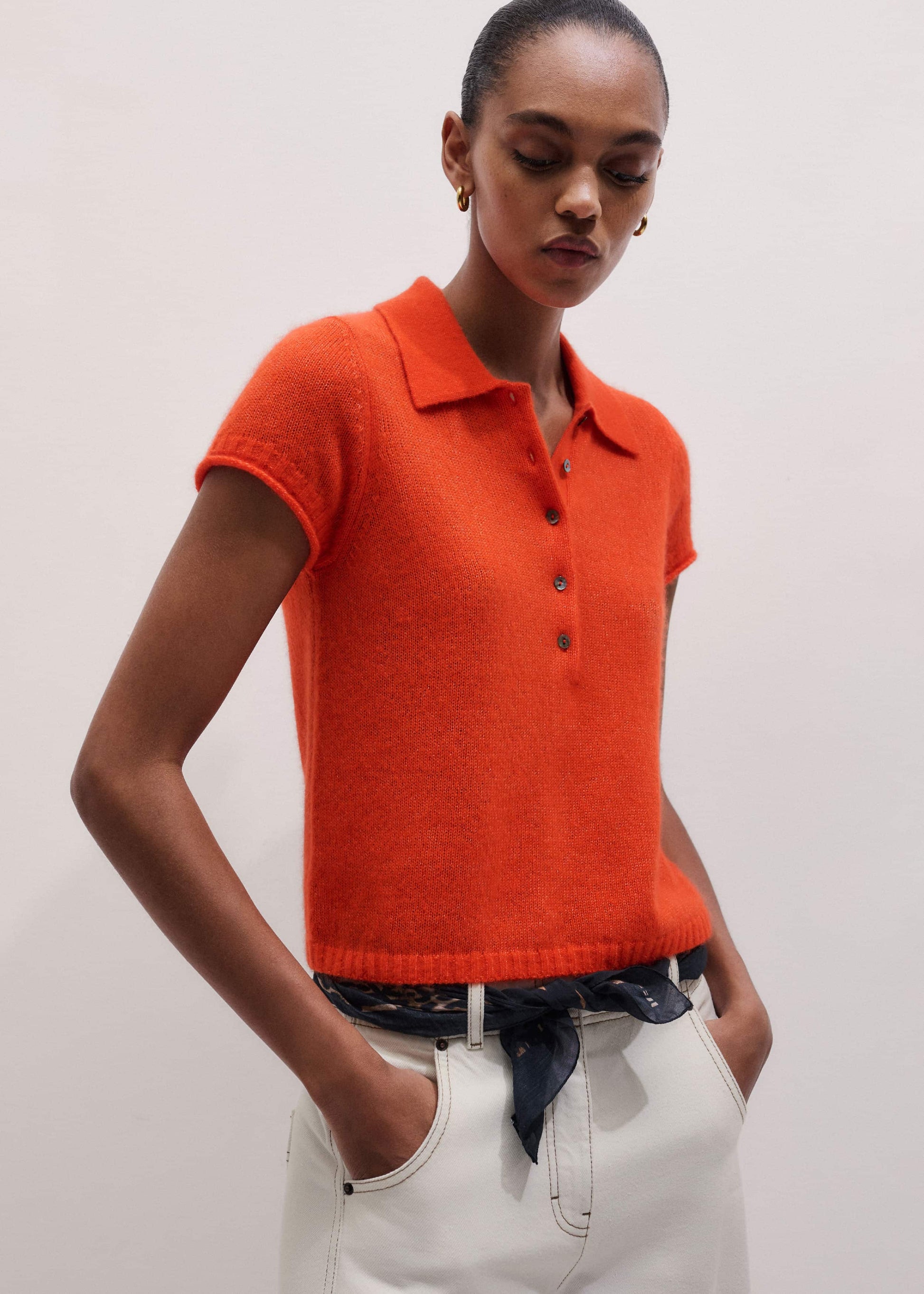 ME and EM Clothing Orange Merino Cashmere Silk Straight Polo Tee