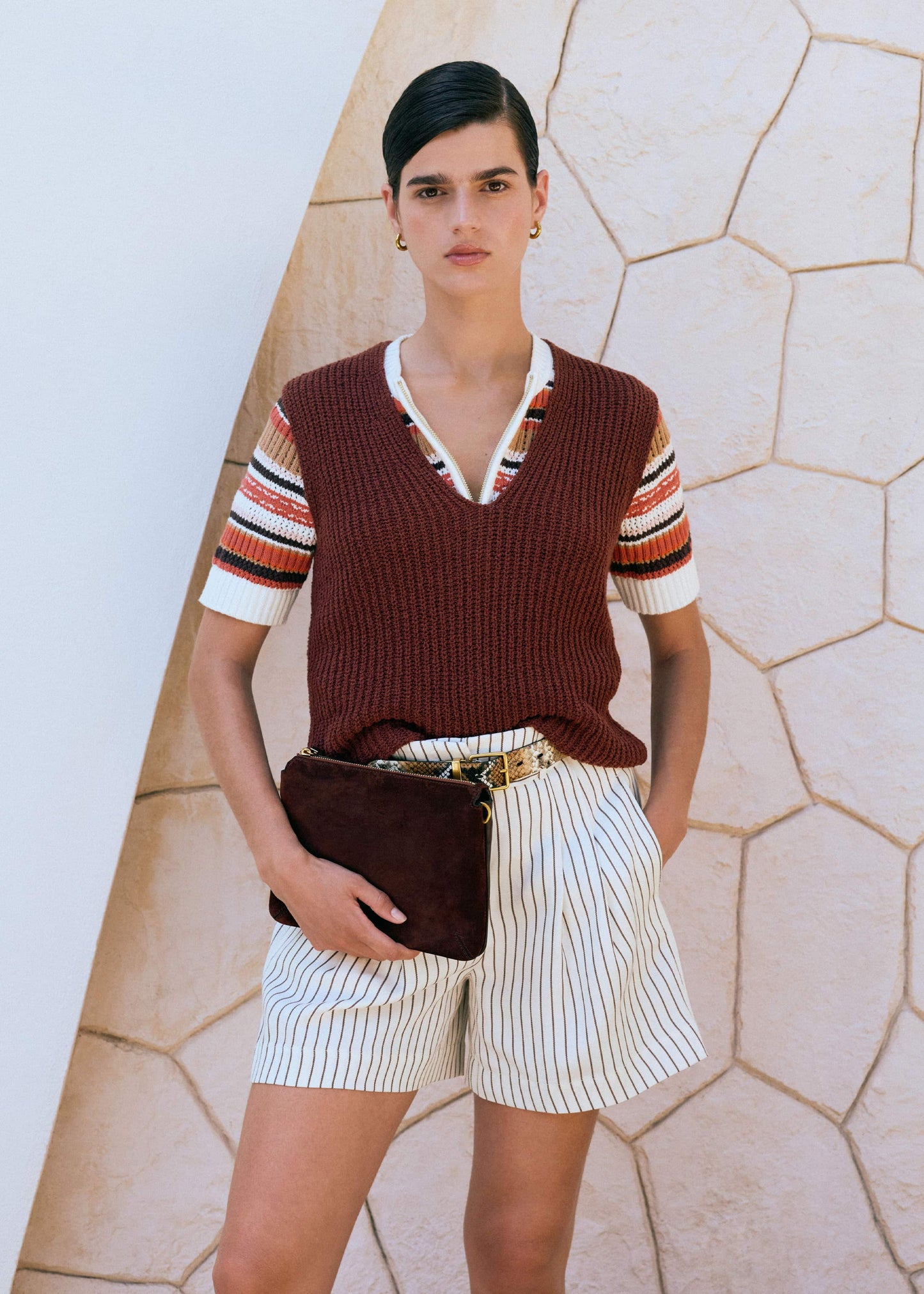 ME and EM Clothing Cinnamon Brown Double Zip Knit Tee