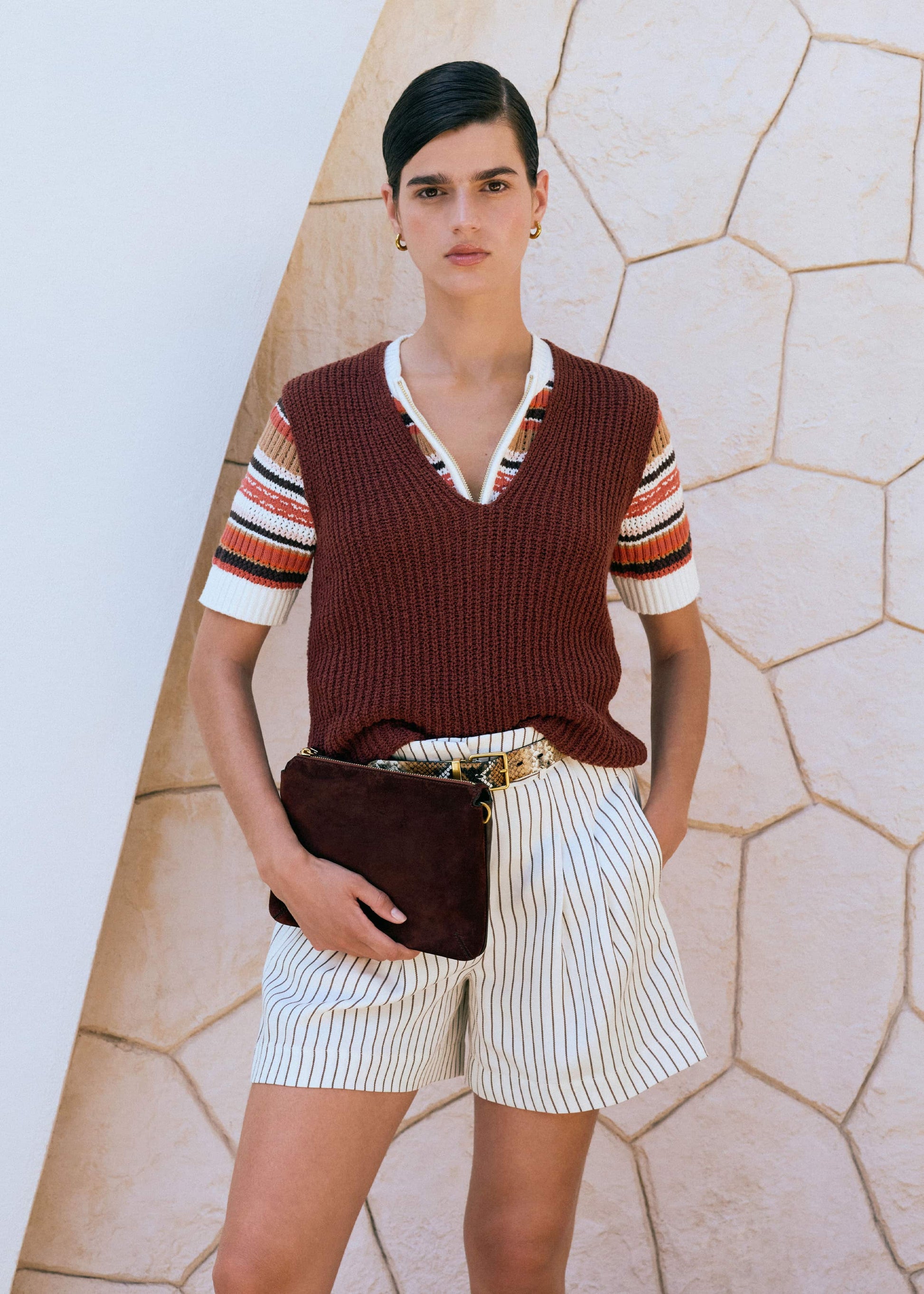 ME and EM Clothing Cinnamon Brown Double Zip Knit Tee