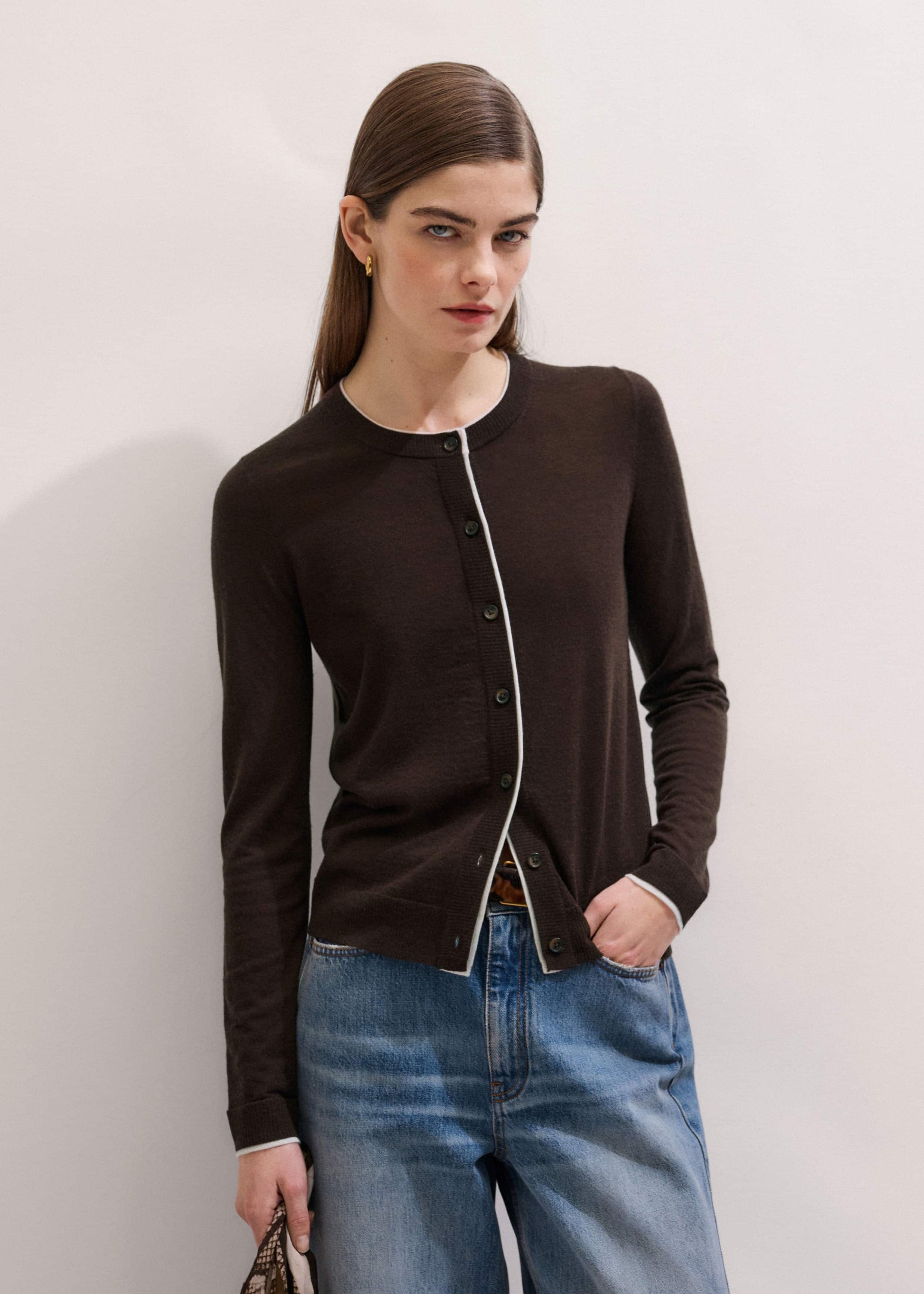 ME and EM Clothing Brown Barely There Contrast Slim Cardigan