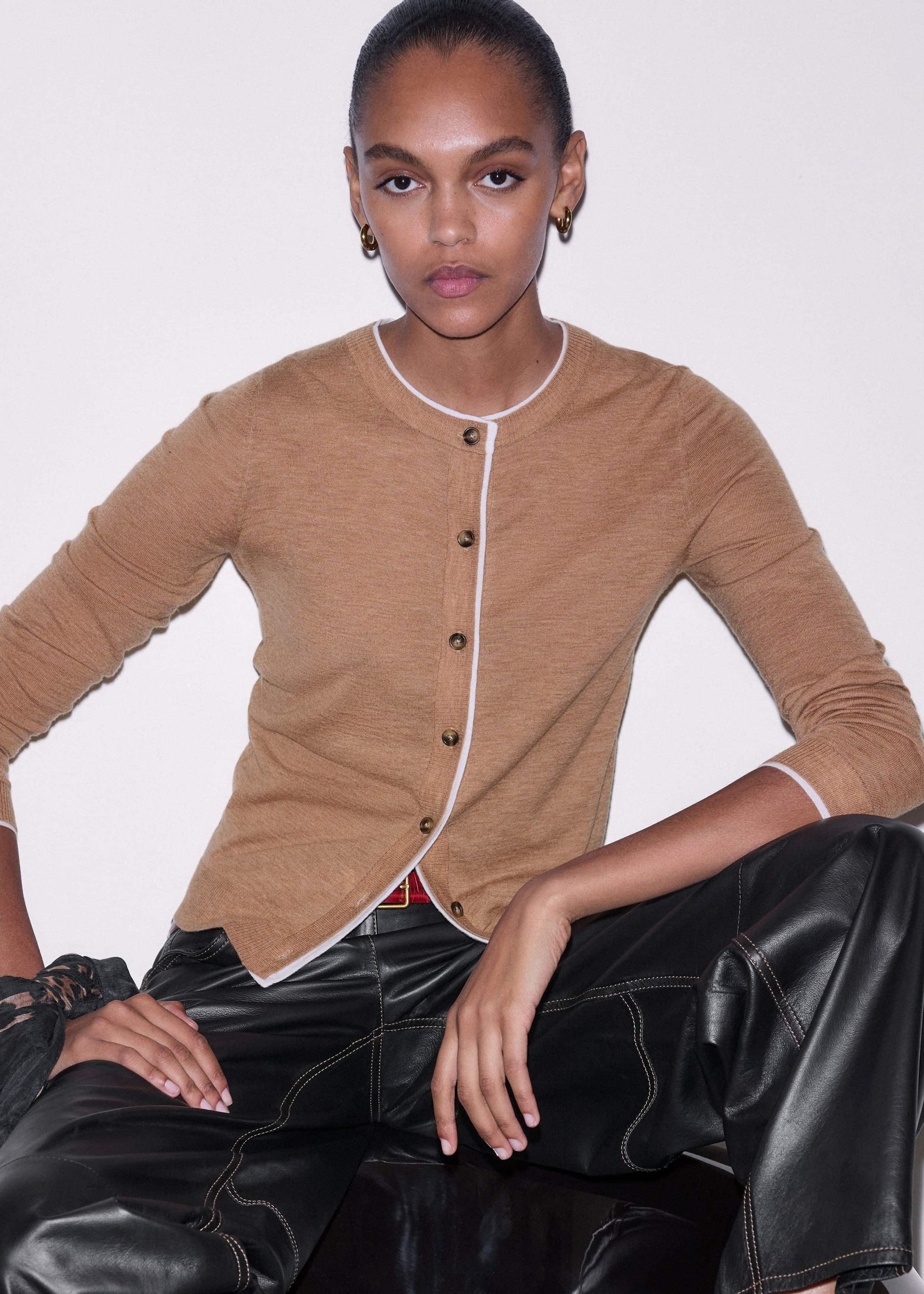 ME and EM Clothing Camel Brown Barely There Contrast Slim Cardigan