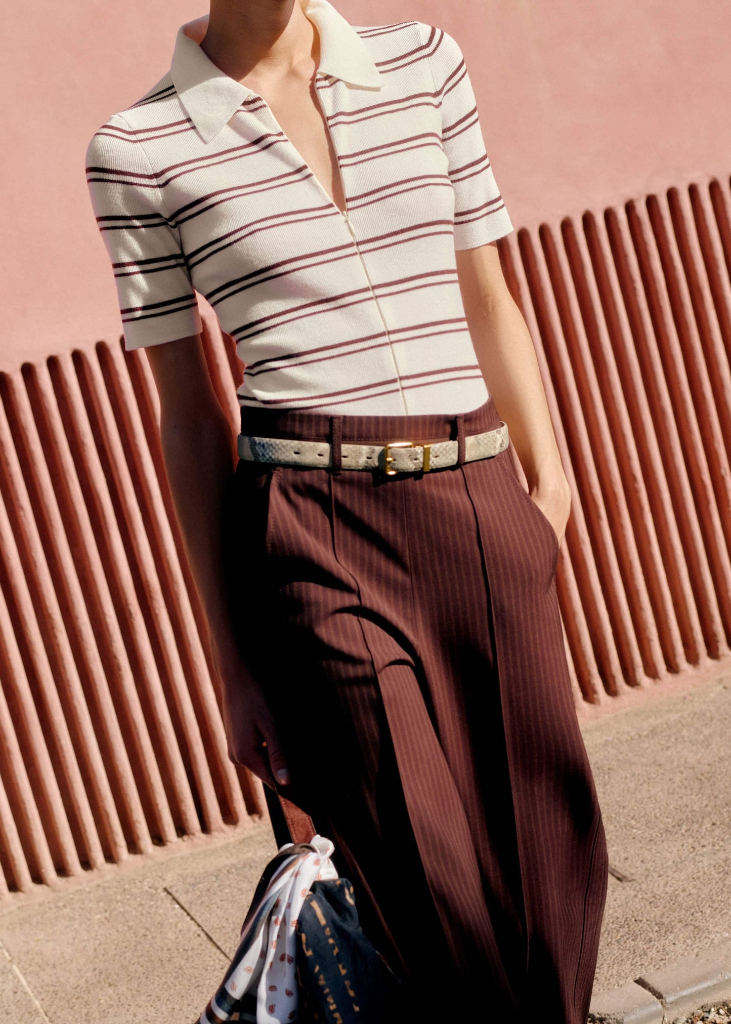 ME and EM Clothing Cream Two-Way Zip Stripe Slim Tee