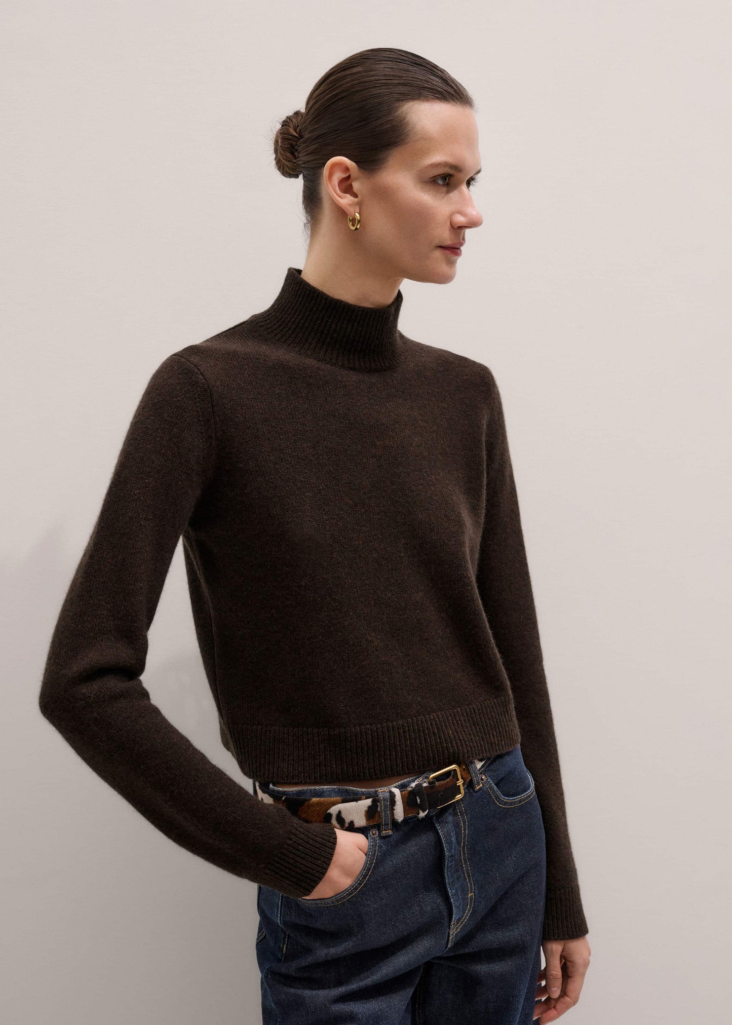 ME and EM Clothing Brown Cashmere High Neck Crop Jumper