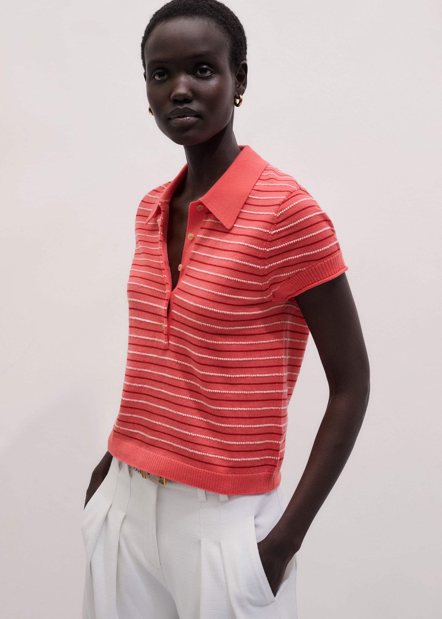 ME and EM Clothing Pink Textured Stripe Straight Sporty Smart Polo Tee