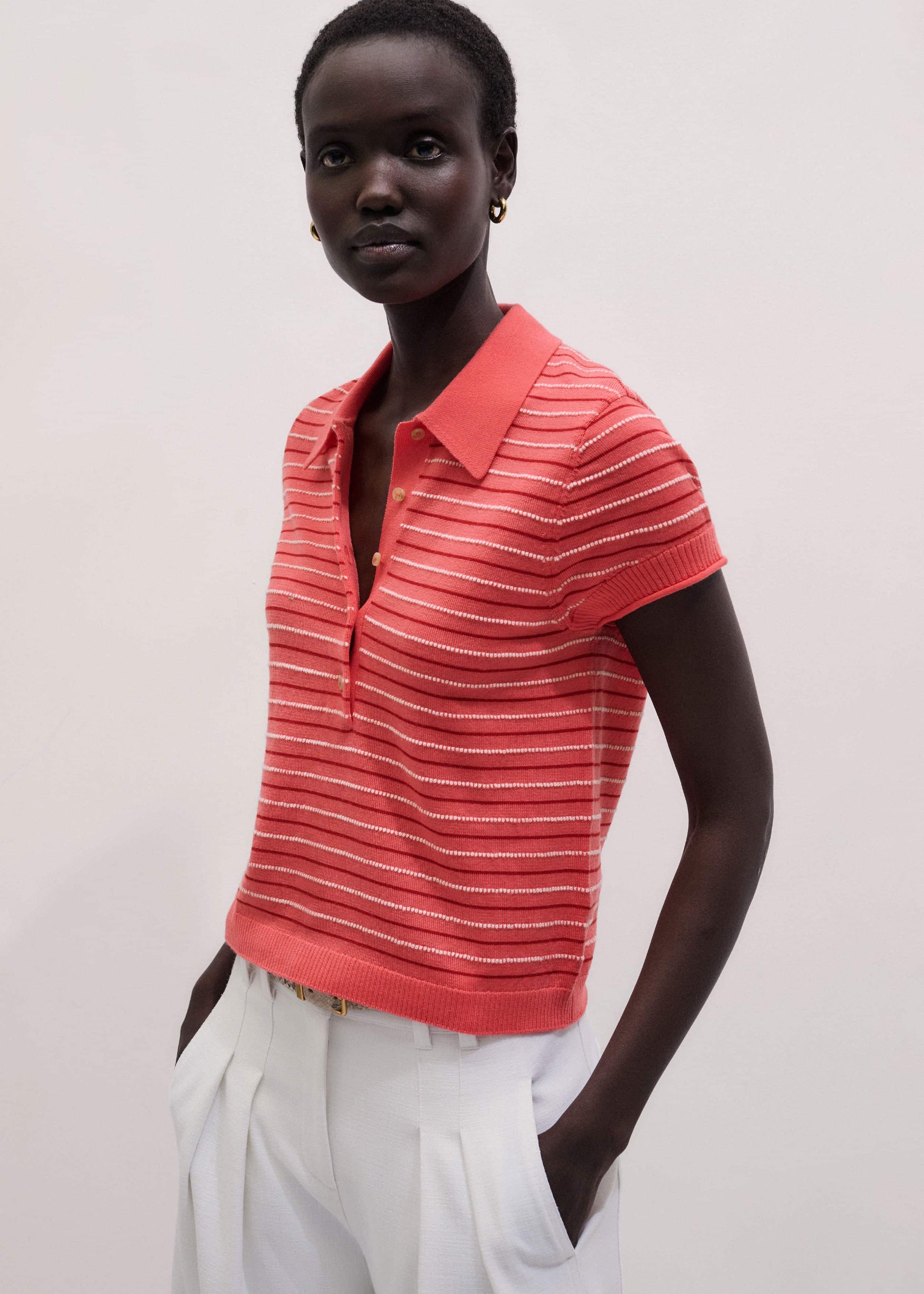 ME and EM Clothing Pink Textured Stripe Straight Sporty Smart Polo Tee
